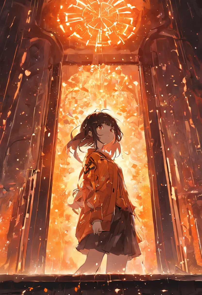 The girl looked at the light in front of the window, in the style of yuumei, Light black and amber, Letters and numbers, sparkling water reflections, Cabin core, Joel Robinson, Light orange and red - AR 4:7 --S 350 --Niji 5 --Chaos 4 --Stylistic expression
