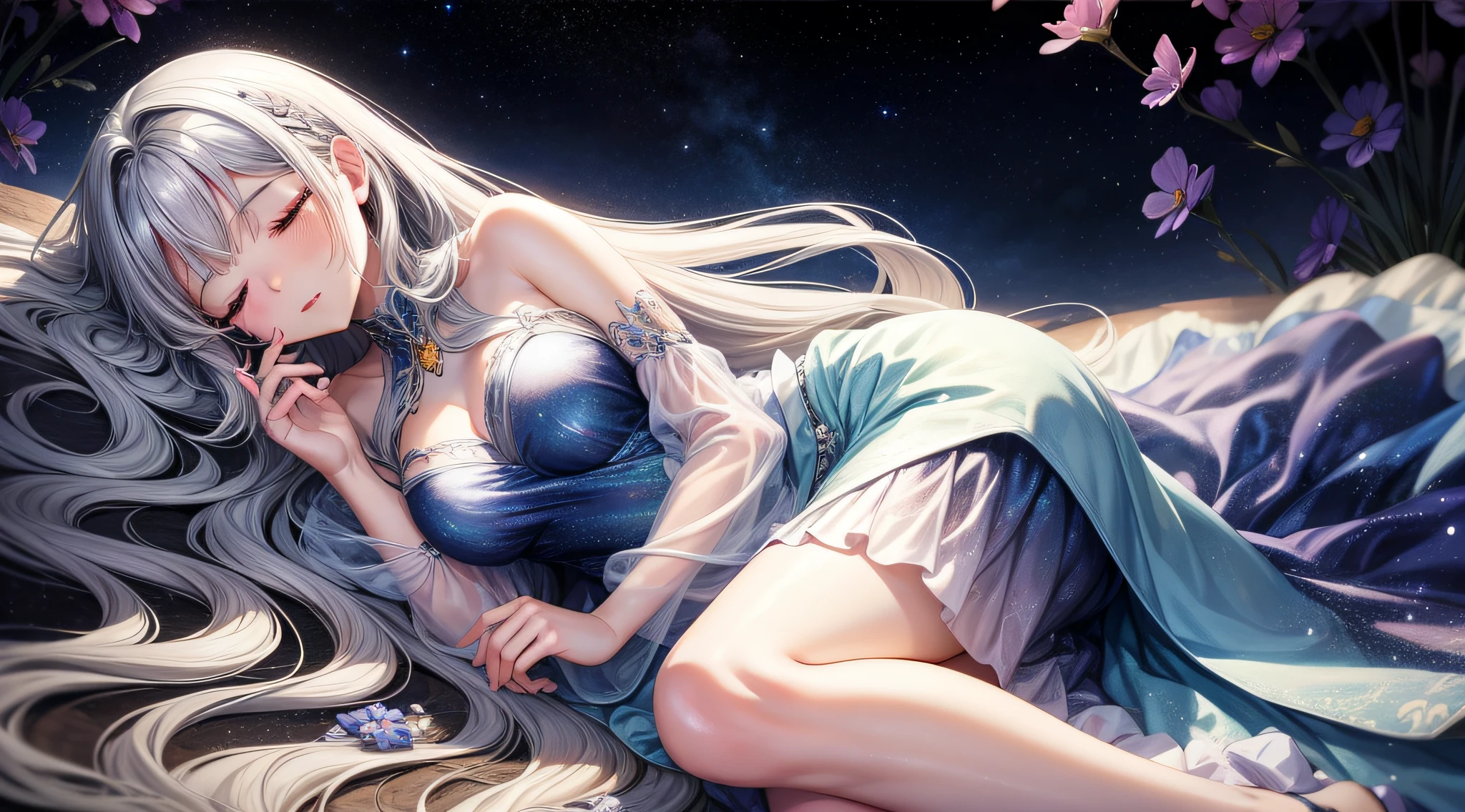 Detailed、Soft skin、Anime style、Women in Their 20s、background cosmos、The long-haired、Silvery hair、Sleeping face、Dress long skirt