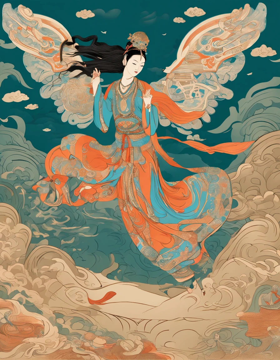 Dunhuang flying mural，The girl was dressed up in Dunhuang，super detailing，Fly and hold the lute，The skirt fluttered，，Surrounded by auspicious clouds，Full of mystery，Screen content，Clash solid background，The background area is on the large side，4K,gold light