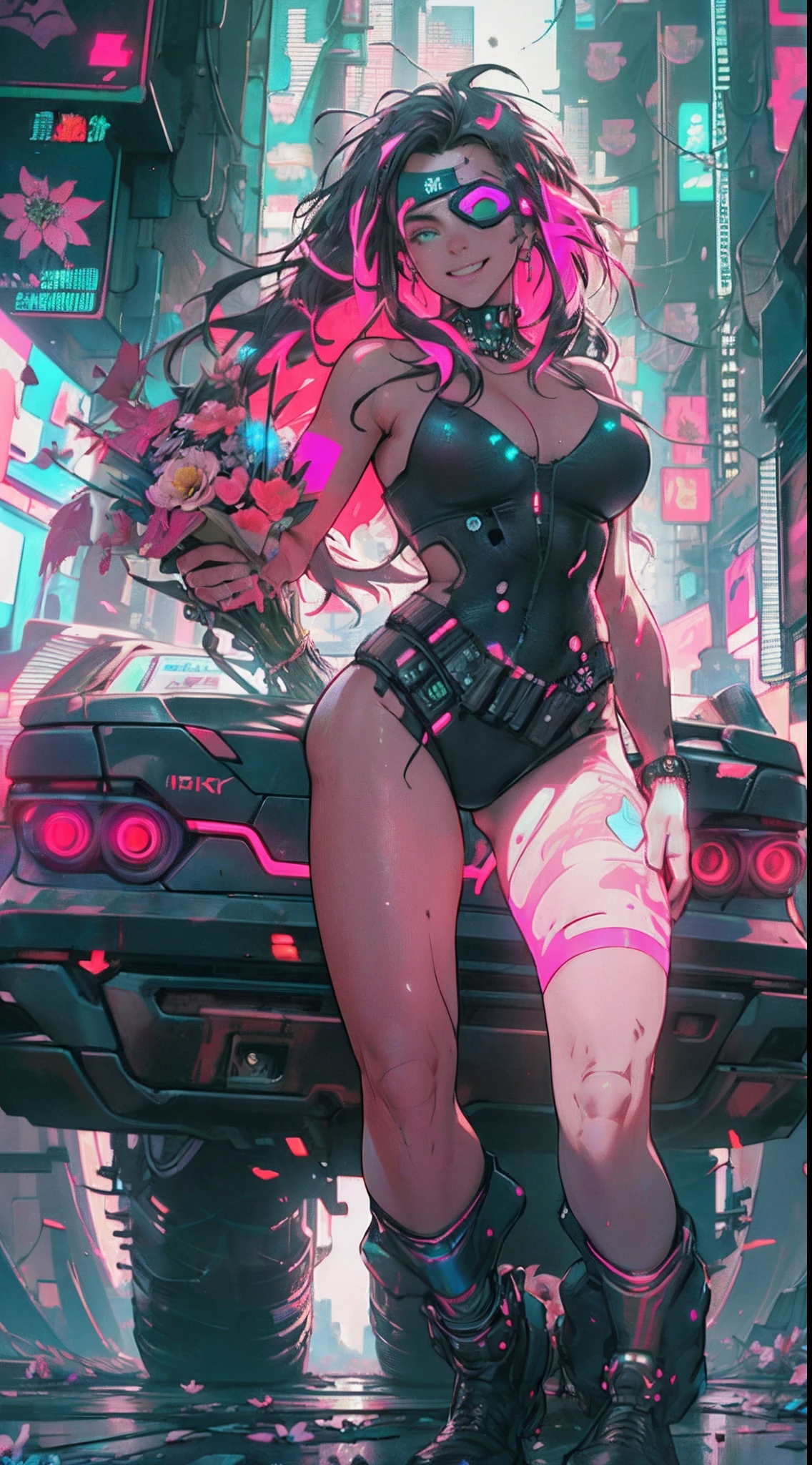 (1girl in)、(Plump beauty)、(huge-breasted)、(30-years old)、(Very Long Pink Hair)、(Top image quality)、(8K picture quality)、(cyberpunked)、(masutepiece)、 (Flickering of light)、(Wear a Spider-Man costume)、(confident grin:1.2)、(an eye patch)、(Full body photo)、(Flowers glowing with excess turbulence々:1.5)、cinematric light, Cinema Shadow, Sharp Image, Extremely detailed, Volumetric, Bright sprites, particles effect, beautiful effects, Vivid colors, neons, (Neon light:1.5), Highly detailed image textures, detailed hairs, Detailed face, Detailed eyes, Full body photo, city、Dark hair、Eyes glow、Sparkling red aura、Photo from the knee up、beautiful effects, Vivid colors, Highly detailed image textures, detailed hairs, Detailed eyes,(Cyberpunk cityscape:1.5)、