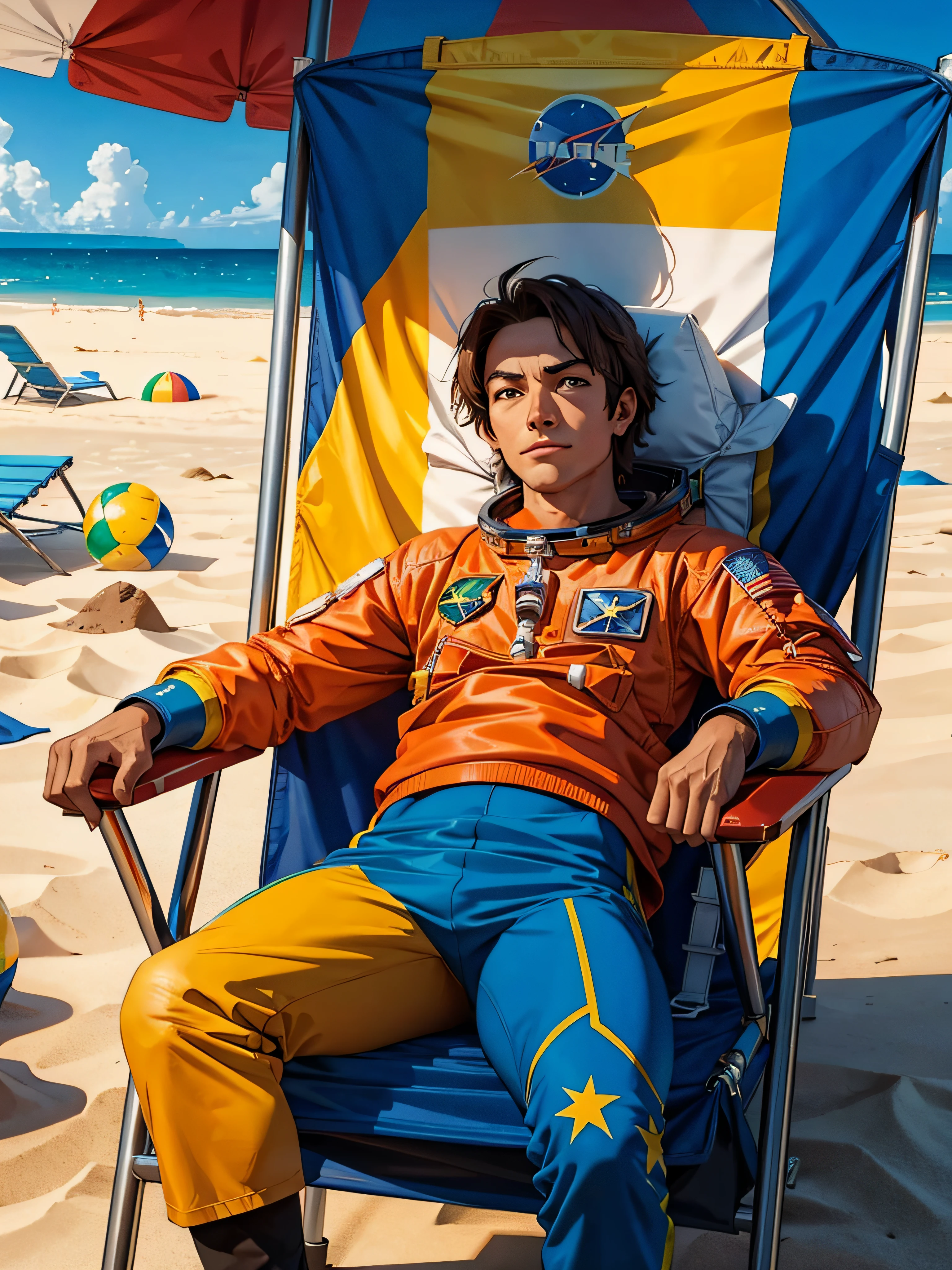 an astronaut sitting on a beach chair, on mars, in a dream universe with a Brazil flag