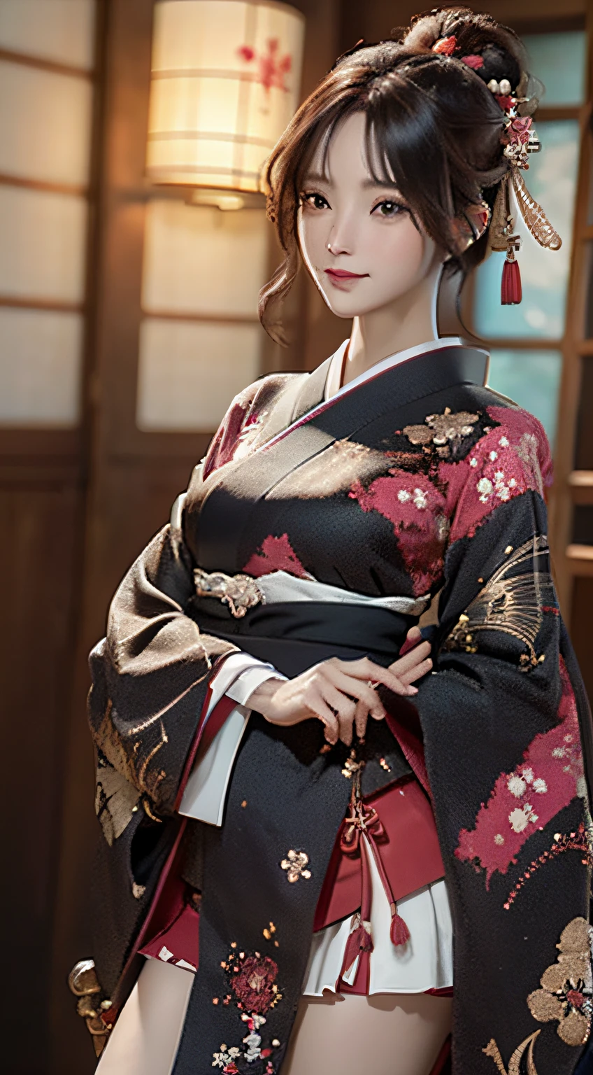Official art, 统一 8k 壁纸, ultra-detailliert, Beautifully Aesthetic, ​masterpiece, top-quality, (Zentangle, Tangles, Entanglement), (Fractal Art: 1.4), 1girl in, A dark-haired, japanse, bare shoulders​, a short skirt, Calf, ighly detailed, dynamic ungle, cowboy  shot, (The most beautiful forms of chaos), A flowing, (bright colour), nffsw, (half: 1.2), japanese-inspired, (Tanka Flying Sky: 1.5), (bow ribbon: 1.3), (Dreams: 1.5), (A Japanese style: 1.5), Japan Phoenix、(A smile:0.5)、(japanese god)、