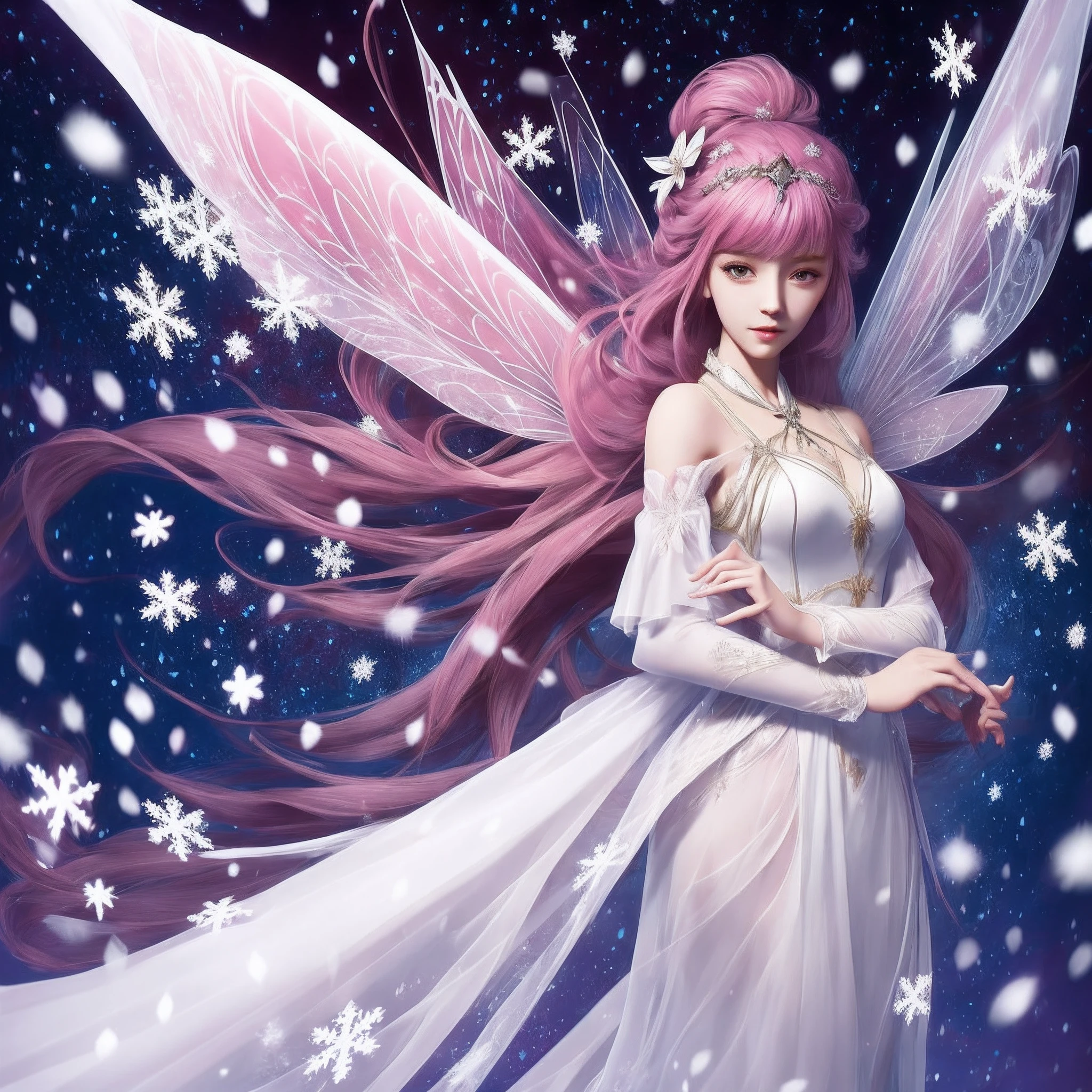 3840×2160 resolution, Sword fairy interceding, hair turned pink,The eyes are covered by white lace cloth,White cloth and hair are layered,Hair is thick and well-defined,There are white snowflakes in the sky --auto