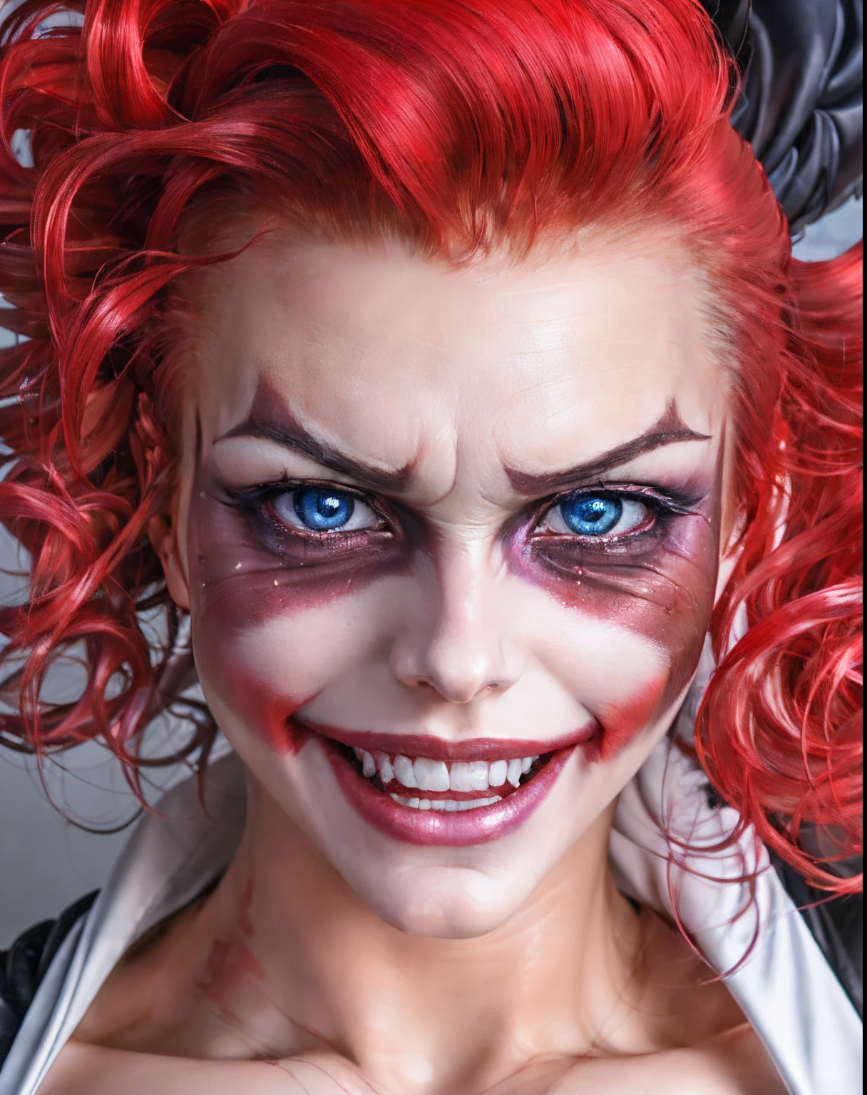 Joker (female version), smiling, sharp white teeth, extreme closeup, smiling at viewer, red hair, blue eyes, (8k, RAW photo, best quality, masterpiece:1.2),ultra-detailed, (high detailed skin:1.2), 8k uhd, dslr, soft lighting, high quality,