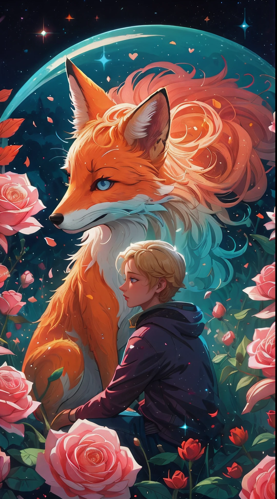 there is a  blonde boy that is sitting in the flowers with a fox, fantasy fox love, jen bartel, inspired by Cyril Rolando, beeple and jeremiah ketner, beautiful art uhd 4 k, in style of cyril rolando, cyril rolando and goro fujita, by Ryan Yee, exquisite digital illustration, ethereal fox