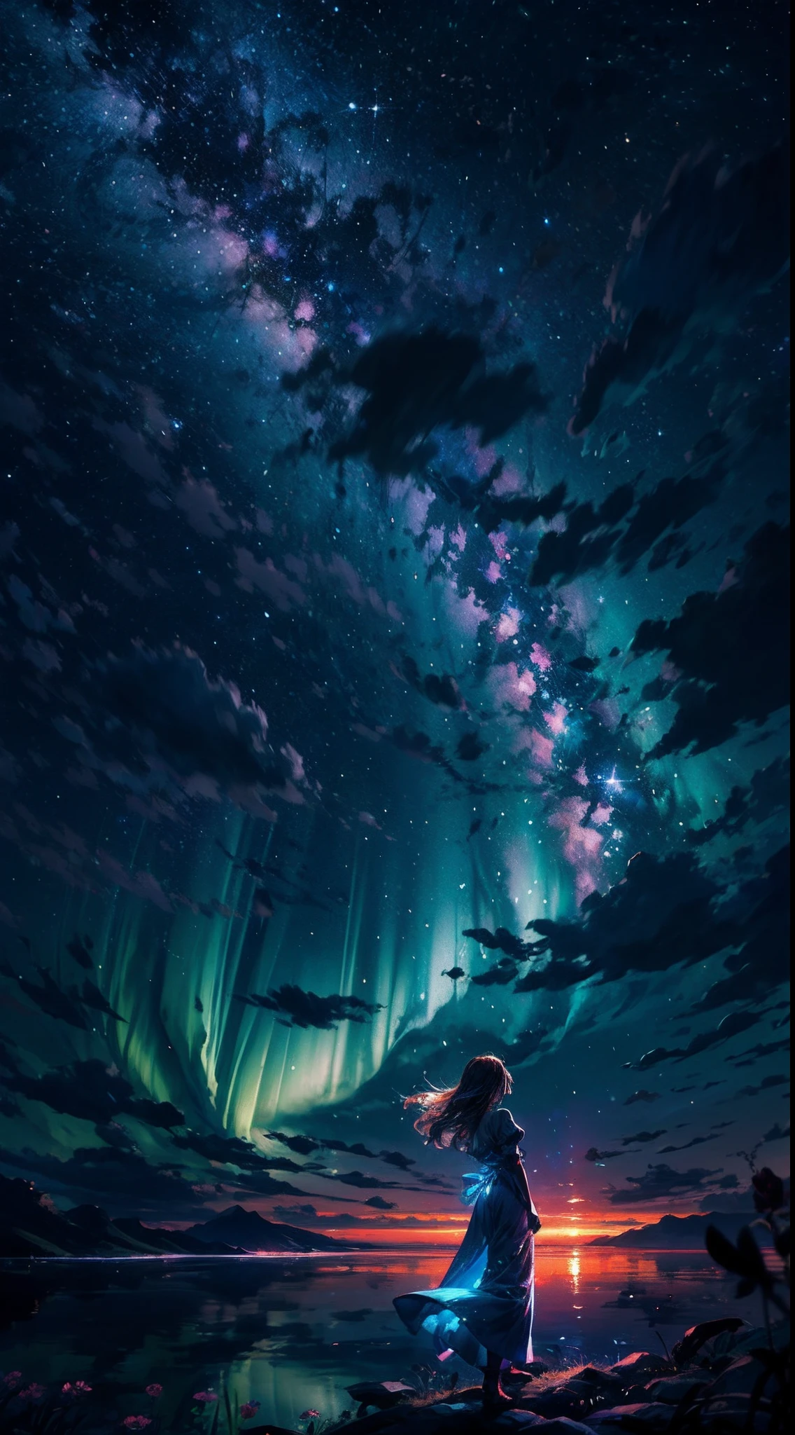 As the sun sets below the horizon, the world plunges into darkness, and above the clouds, a breathtaking panorama unfolds. The velvety night sky becomes a celestial tapestry, vibrant with the luminescent glow of countless stars. The Milky Way stretches across the heavens like a river of stardust, weaving its way through distant constellations.
BREAK
Above the billowing clouds, a lone cloud floats, providing a platform for a young girl to stand upon. Her figure, silhouetted against the cosmic backdrop, emanates a sense of quiet contemplation. Her delicate form is framed by cascades of flowing hair, gently stirred by the ethereal breeze that stirs the heavens.
BREAK
With her back turned towards the viewer, the girl gazes upward, her eyes filled with wonder and awe. Her outstretched arms hint at the possibility of her being enchanted by the celestial ballet unfolding before her. The stars twinkle and shimmer, casting a mesmerizing glow upon the clouds below.
BREAK
Above the girl, celestial phenomena illuminate the heavens. Meteor showers streak across the sky, leaving brilliant trails of light in their wake. Nebulas and galaxies, swirling in a symphony of colors, create a mesmerizing backdrop for her reverie. The aurora borealis dances with an ethereal beauty, its vibrant ribbons of light painting the night sky with a kaleidoscope of celestial hues.
BREAK
In this captivating scene, the girl on the cloud becomes a conduit between the terrestrial and the celestial.
