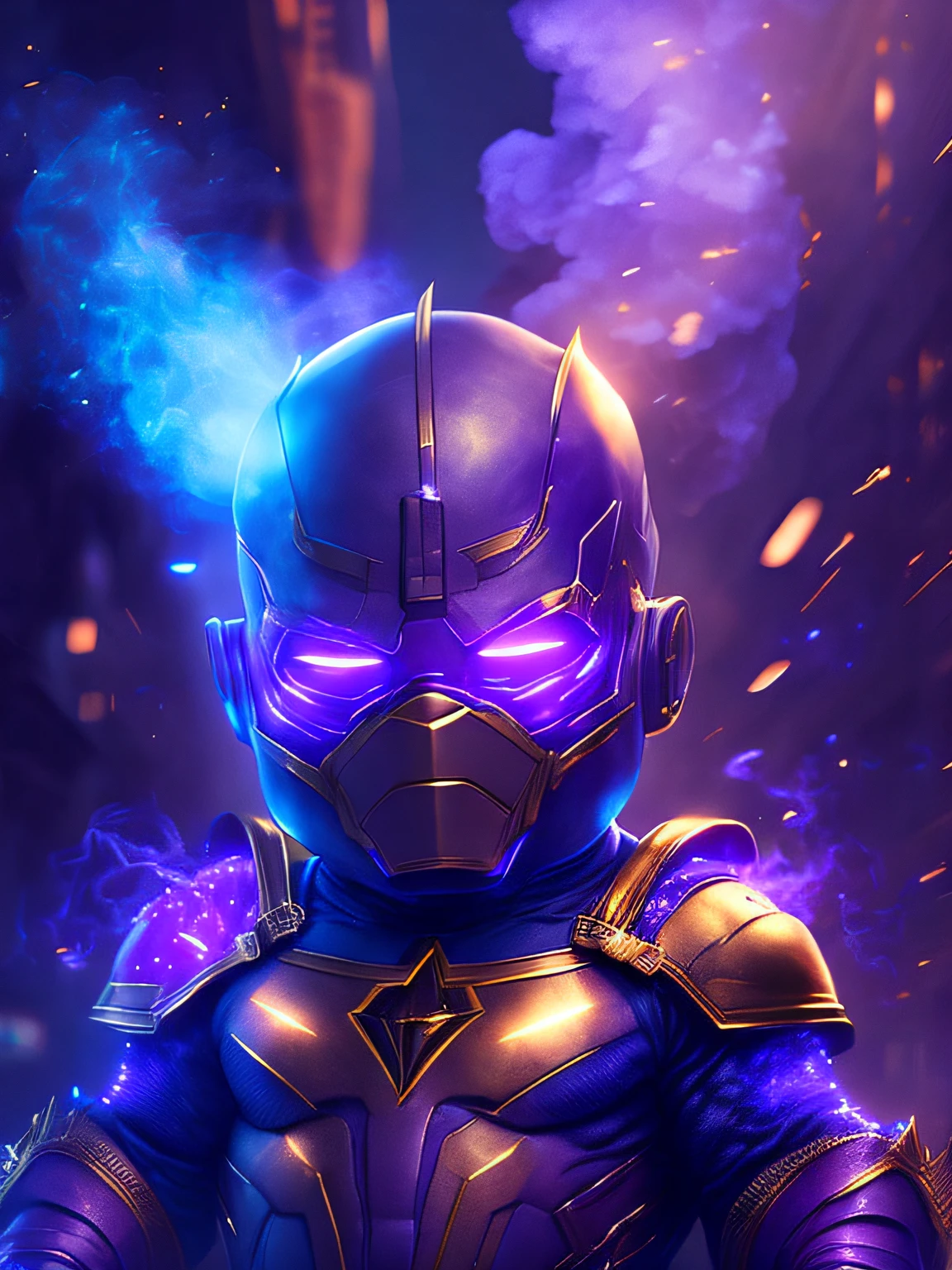 Marvel's Dark Portrait of God Thanos, extremamente detalhado, futuristic cityscape, noite, glowing neon lights, smoke billowing, Sparks, Metal shavings, Detritos voadores, efeitos da energia azul, volumetric light