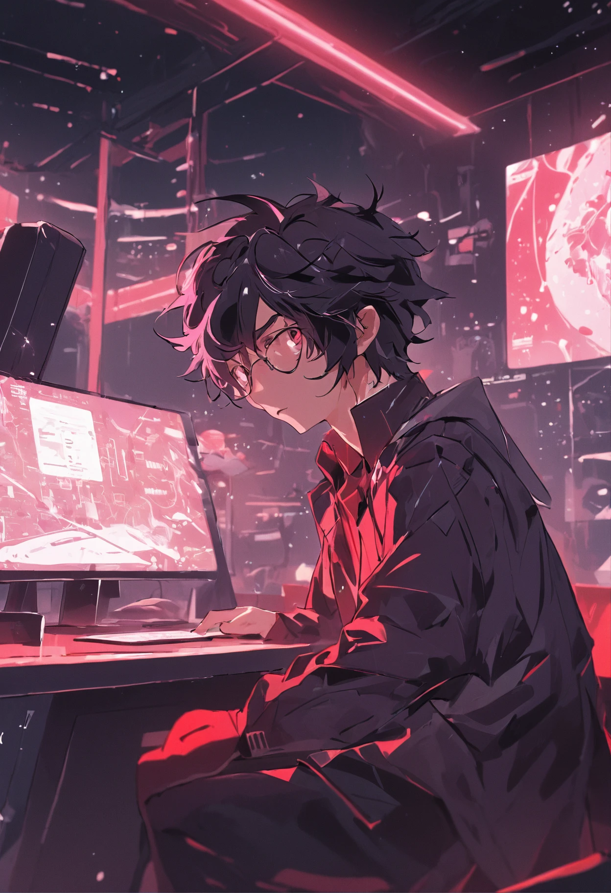 primitive, wide angles, A man sits in a chair in front of a futuristic computer screen in a bright café wearing glasses., 30 age old,Red-black skin, Black hair, Wavy hair,Shoulder-length hair,Software Development Engineer.,Dark circles typography,little beard,Black T-shirt,Black pants,White lab coat, The coffee cup is placed on the table., Display star information, hardware, Bright environment, neonlight, ((cyber punk perssonage))