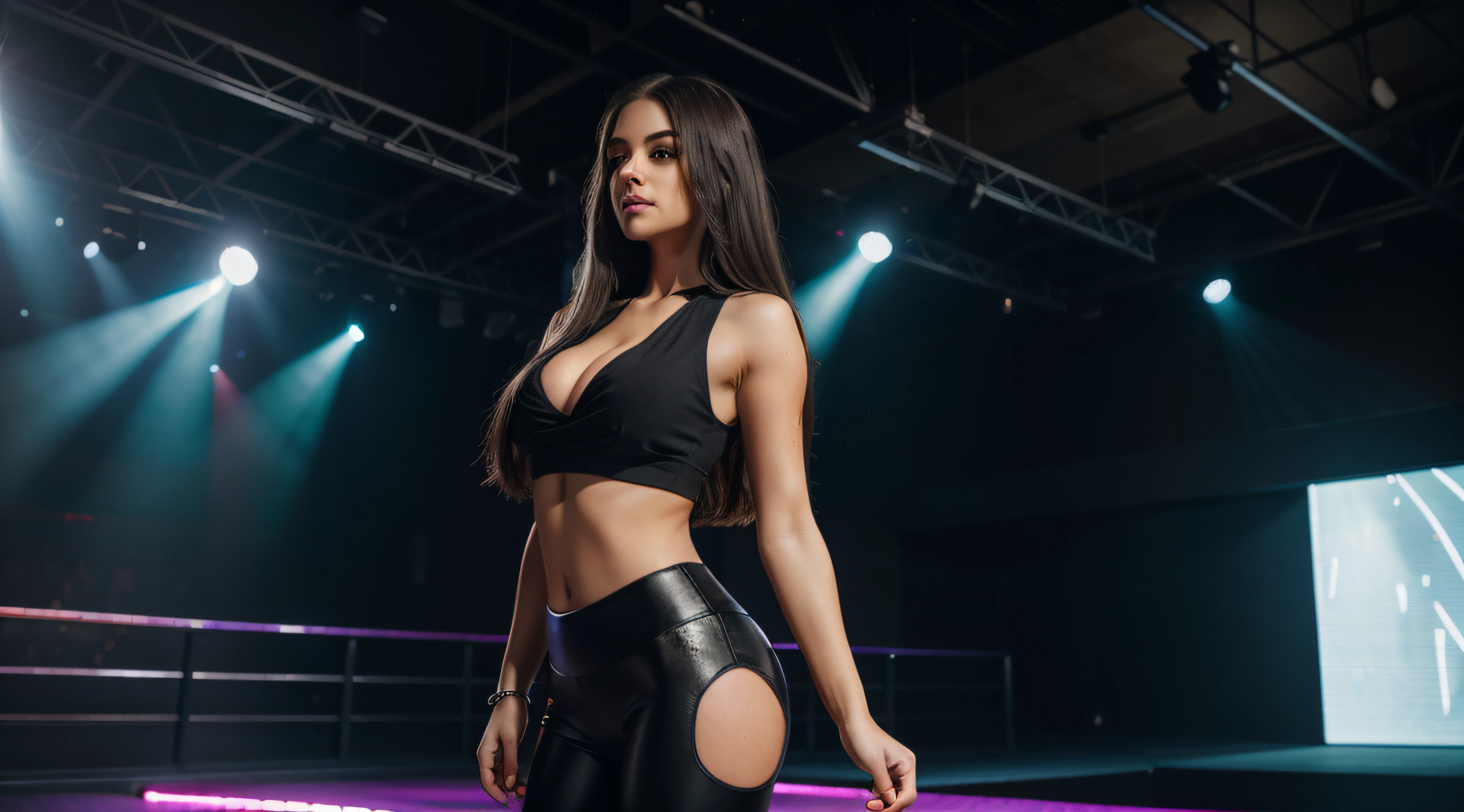 full body, long_hair, gorgeous, city girl, cleavage, western, cute top and black leggings, hot girl, (masterpiece), best quality, high resolution, extremely detailed, depth of field, cinematic lighting, At event, , big room led nightclub, right side, empty club, ALONE in club, Empty, Led lights, colorful, showing ass