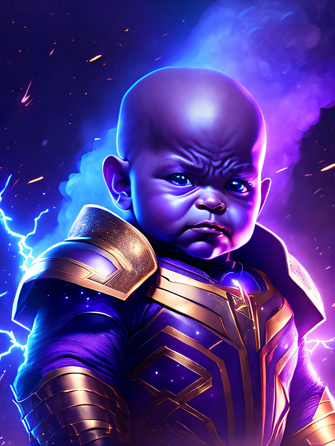 Marvel's Dark Portrait of God Thanos, extremamente detalhado, futuristic cityscape, noite, glowing neon lights, smoke billowing, Sparks, Metal shavings, Detritos voadores, efeitos da energia azul, volumetric light