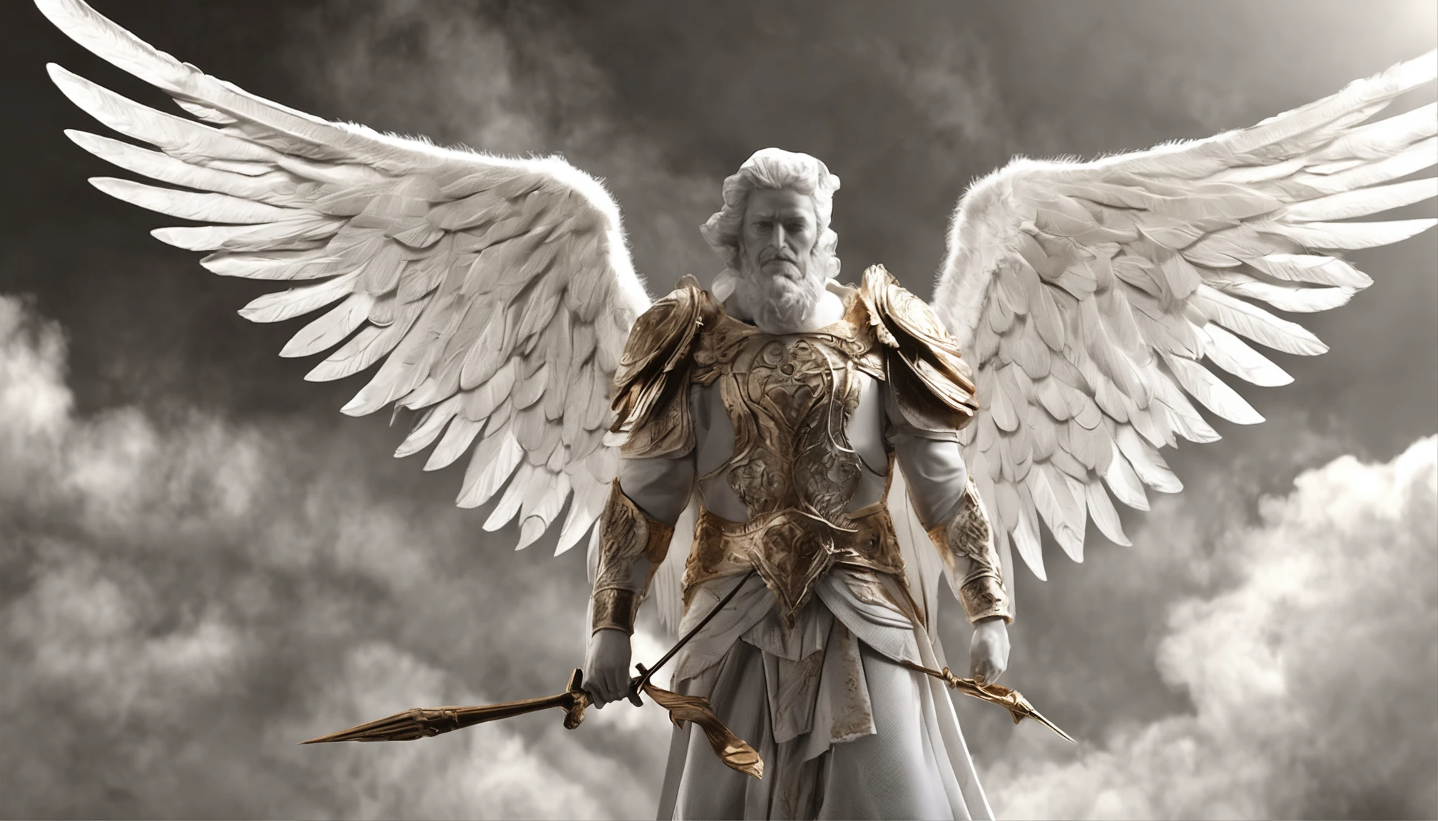 There is a painting of an angel with wings in the sky, Anjo majestoso de corpo inteiro, vestido com roupas brancas e vermelhas, biblical accurate angel, Arcanjo Miguel, anjo protegendo em guarda, angel spirit guide, angelic, Arcanjo Miguel, humano alado, epic angel wings, anjo lindo, anjo, being brilliant angelic, angelic, Tema de anjo, Alto Anjo tiro distante, Biblical setting, anjo guerreiro, with a spear in his hand, vestes vermelhas estilo soldado romano, anjo aparentando idade de 40 anos e majestoso, um personagem masculino, o arcanjo Miguel, imagem celestial, detalhes intricados, realista, asas ROSAS e grandes, angelic background, Catholic illustrative image of the archangel Michael, Male character of the Bible, Michael is wearing his angelic armor, cosmic background, Illumination in the Archangel and in the background, imagem do corpo todo do anjo, Maximum detail and his angelic face and wings, pele perfeita realista, Maximum image quality, Miguel ele esta destacado na imagem com cores fortes e chamativas.