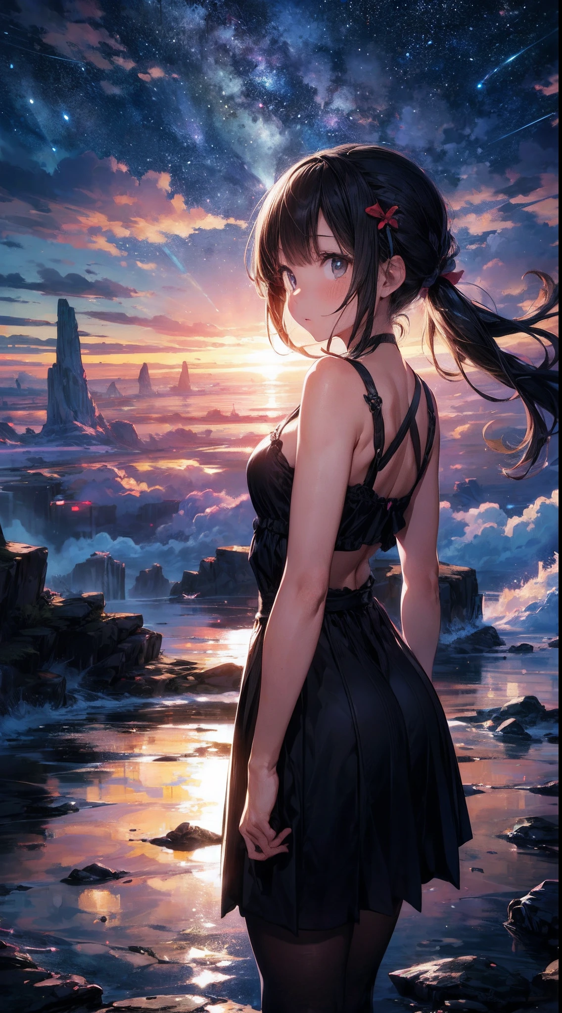 As the sun sets below the horizon, the world plunges into darkness, and above the clouds, a breathtaking panorama unfolds. The velvety night sky becomes a celestial tapestry, vibrant with the luminescent glow of countless stars. The Milky Way stretches across the heavens like a river of stardust, weaving its way through distant constellations. 
BREAK 
Above the billowing clouds, a lone cloud floats, providing a platform for a young girl to stand upon. Her figure, silhouetted against the cosmic backdrop, emanates a sense of quiet contemplation. Her delicate form is framed by cascades of flowing hair, gently stirred by the ethereal breeze that stirs the heavens. 
BREAK 
With her back turned towards the viewer, the girl gazes upward, her eyes filled with wonder and awe. Her outstretched arms hint at the possibility of her being enchanted by the celestial ballet unfolding before her. The stars twinkle and shimmer, casting a mesmerizing glow upon the clouds below. 
BREAK 
Above the girl, celestial phenomena illuminate the heavens. Meteor showers streak across the sky, leaving brilliant trails of light in their wake. Nebulas and galaxies, swirling in a symphony of colors, create a mesmerizing backdrop for her reverie. The aurora borealis dances with an ethereal beauty, its vibrant ribbons of light painting the night sky with a kaleidoscope of celestial hues.
BREAK 
In this captivating scene, the girl on the cloud becomes a conduit between the terrestrial and the celestial.