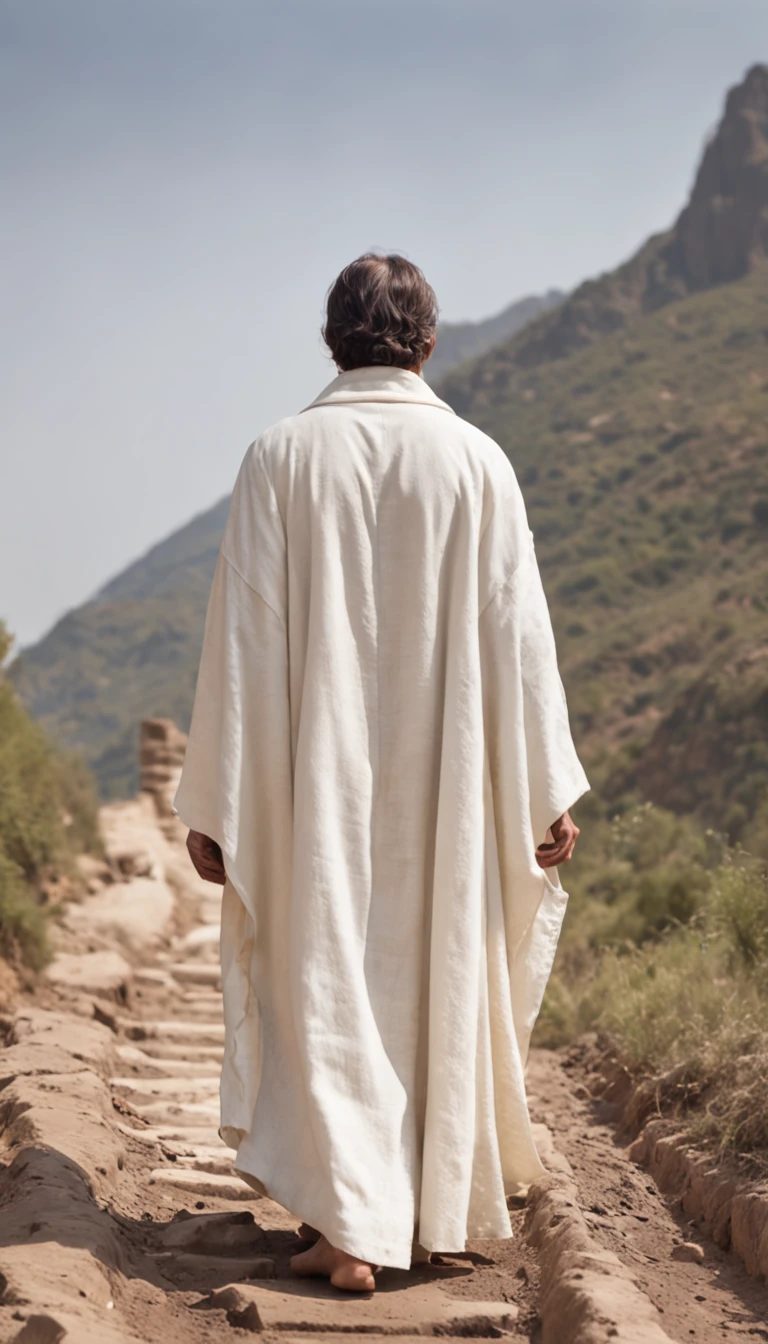 A very LOW-ANGLE photo depicting a pair heavy iron foot shackles lay on dirt in the foreground on a NARROW rugged path uphill, AND a ((back view radiant glow Jesus Christ wearing white robe)) walking 100 meters away : Canon EOS R6 Mark II 28mm f19