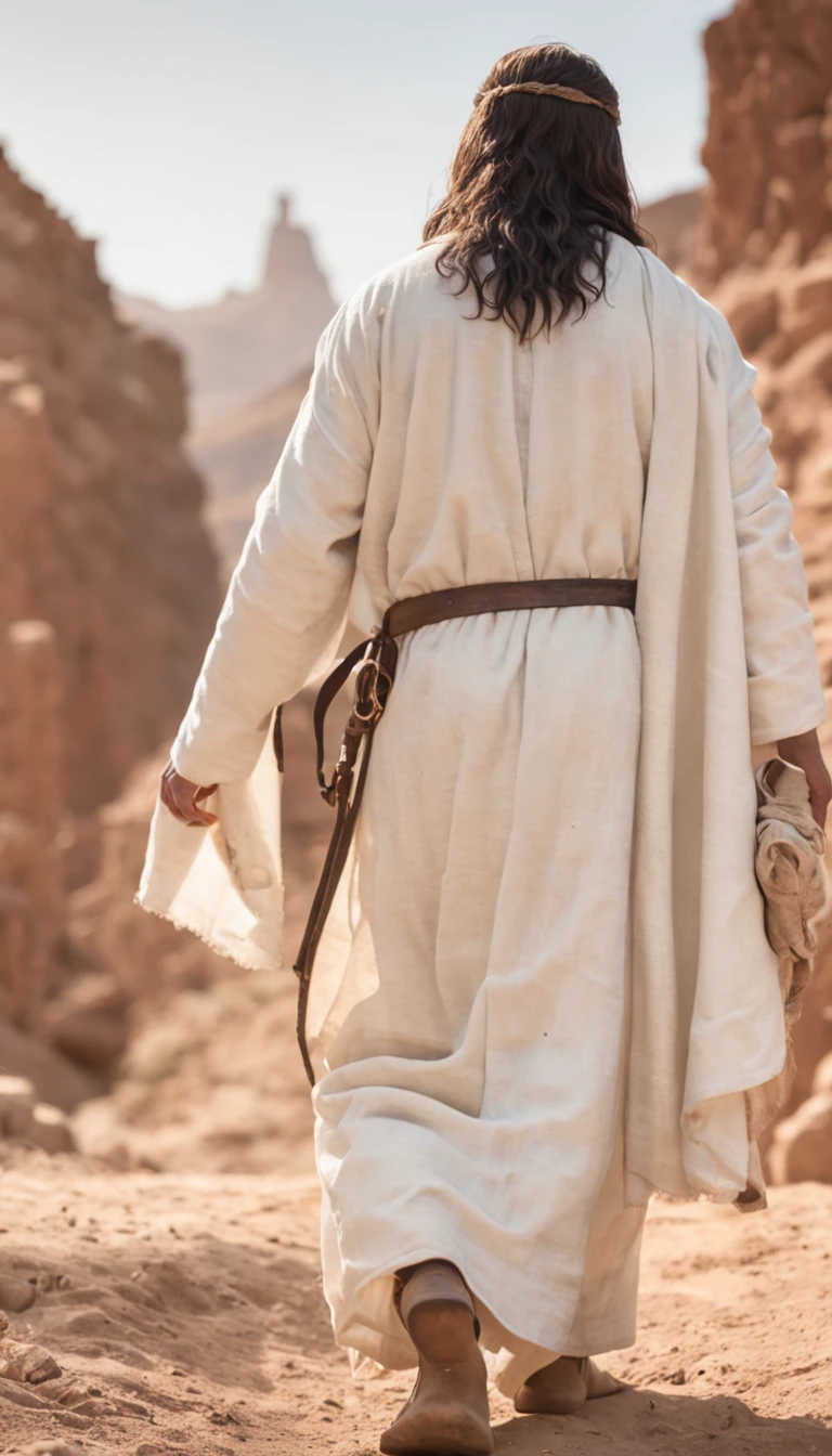 A very LOW-ANGLE photo depicting a pair heavy iron foot shackles lay on dirt in the foreground on a NARROW rugged path uphill, AND a ((back view radiant glow Jesus Christ wearing white robe)) walking 100 meters away : Canon EOS R6 Mark II 28mm f19