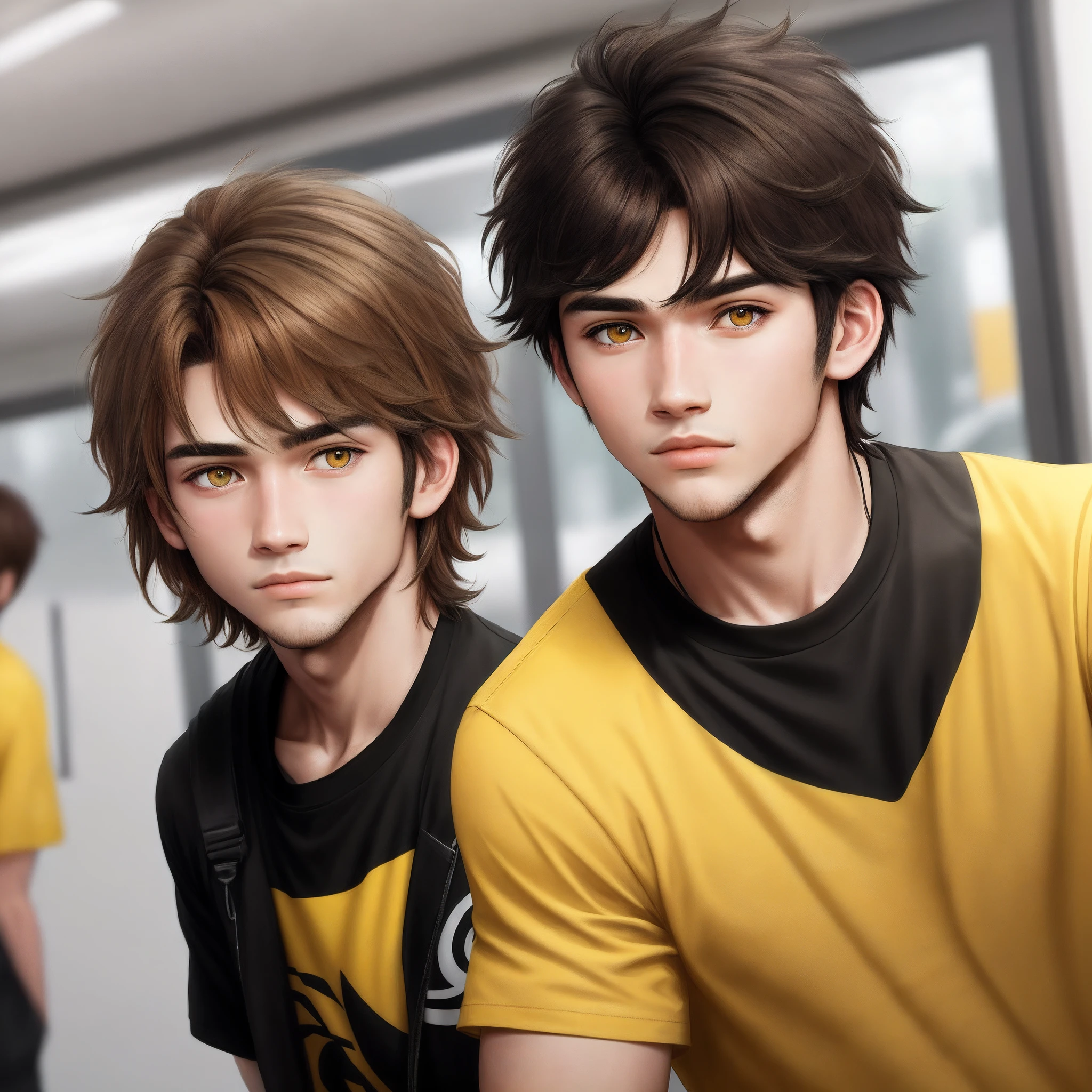 A brown-haired,Black pupils,male people,Yellow shirt,