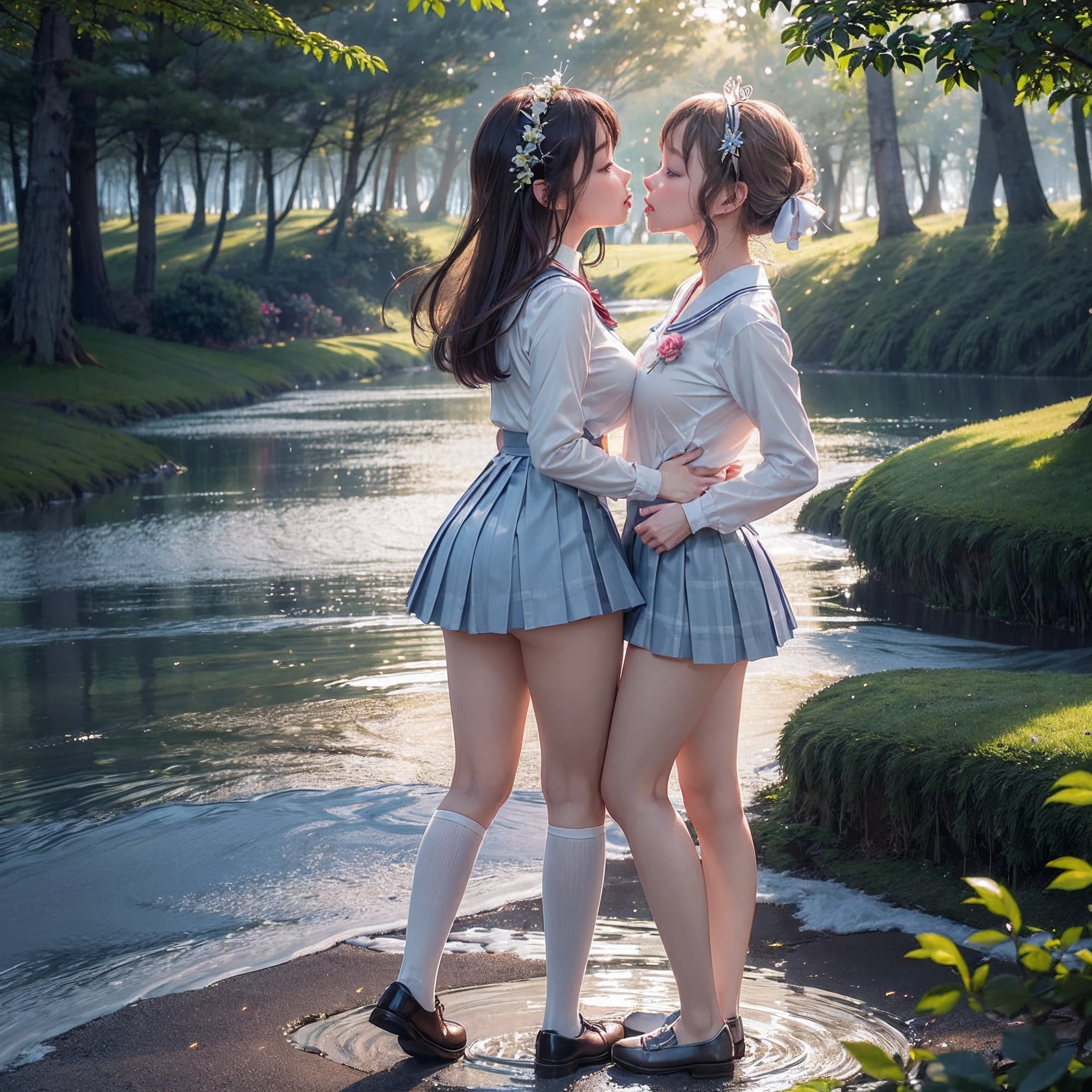 SFW, ((David Hamilton:1.37, White and vivid colors))、Extremely Detailed (Tiny Oppai-**** Twins:1.37)、{(Dynamic-angle)|(from side)|(from back)|((from below:1.2))}、{(((Kissing face to face:1.41) Against the Nipples to Nipples Pressing hard))|(Standing Full Body:1.2)|Wide Shot}、{(Floating hair with Strong wind)|(Ass focus)|French Braid|bun}、8K best quality、((Masterpiece:1.2、Photo-realistic:1.4)), { kodachrome | realistic | photorealistic | RAW }  BREAK 
 ((Detailed KAWAII Face、Detailed Radiant PearlSkin) with Transparency)、Smooth shading、(SOFT focus BokeH)、Soft Lighting、((school uniform with white Thongs))、{Flowers|Flower wreath|smile|Joyful|Pleasuring|Different types of hair colors}、{(Light Particles:1.2)|(Lens Flare)|(Luminescent Particles:0.6)}、{Sparkling Lake surface|Splashing water|Falls|Before dawn|magic hour|morning glow|foggy|Haze|Colored Horizon}、{ Whole Body proportions and all limbs are anatomically accurate | no extra limbs | hidden hands | PUNIPUNI } .