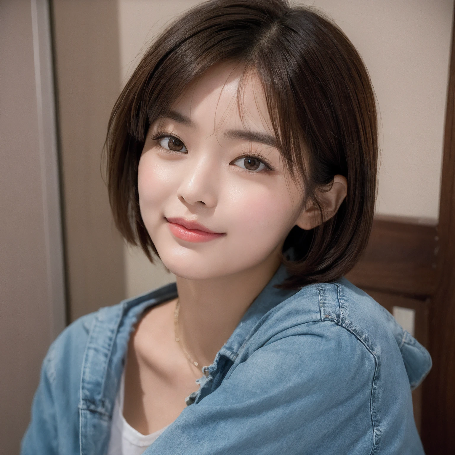 arafed asian woman with short brown hair wearing a denim shirt, with short hair, young adorable korean face, jaeyeon nam, girl cute-fine-face, short - medium length hair, korean girl, with round face, beautiful young korean woman, young cute wan asian face, with short hair with bangs, portrait of female korean idol, wan adorable korean face,suits