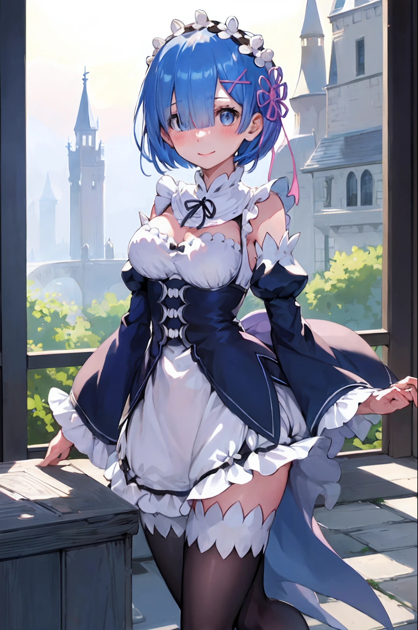blue hair, rem \(re:zero\), [smile], blush, castle,, masterpiece, best quality, perfect lighting, 1girl, skirt, medium breasts,