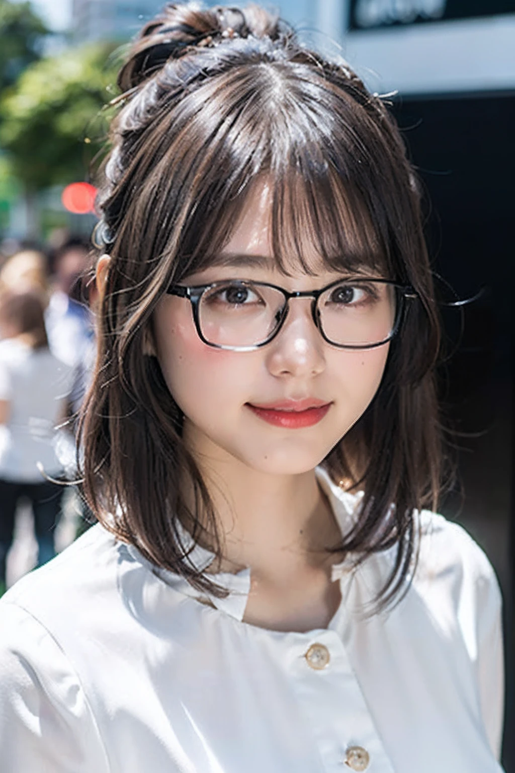 (8K、Raw photography、top-quality、masterpiece:1.2)、(realisitic、Photorealsitic:1.37)、ultra-detailliert、超A high resolution、1人、see the beholder、beautifull detailed face、A smile、Constriction、(Slim waist) :1.3)、((White blouse clothes))、Beautiful detailed skin、Skin Texture、Floating hair、((Hair bunched into one))、large full breasts、Professional Lighting、In front of the station at noon、((Black square glasses))、Whole human body、Brown hair、Calling on your phone、