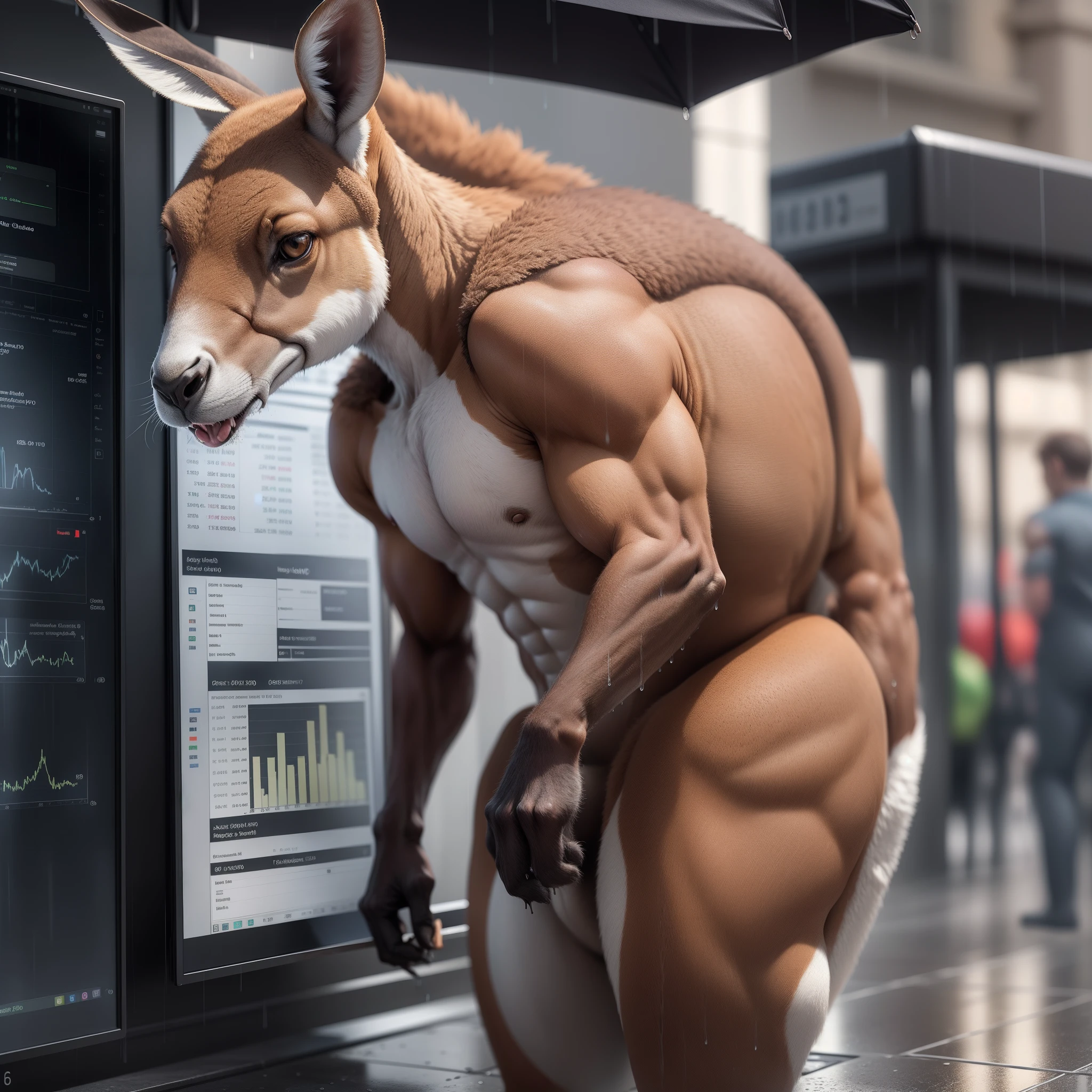 strong and muscular kangaroo in the rain looking at a finance chart
