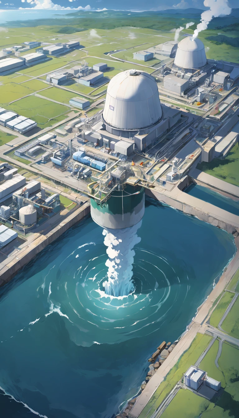 Representando la apariencia de la central nuclear de Fukushima, Show discharge outlet for dumping contaminated water into the ocean. Enfatizar el contraste entre las centrales nucleares y el vasto mar. Show also discharges into rivers and lakes