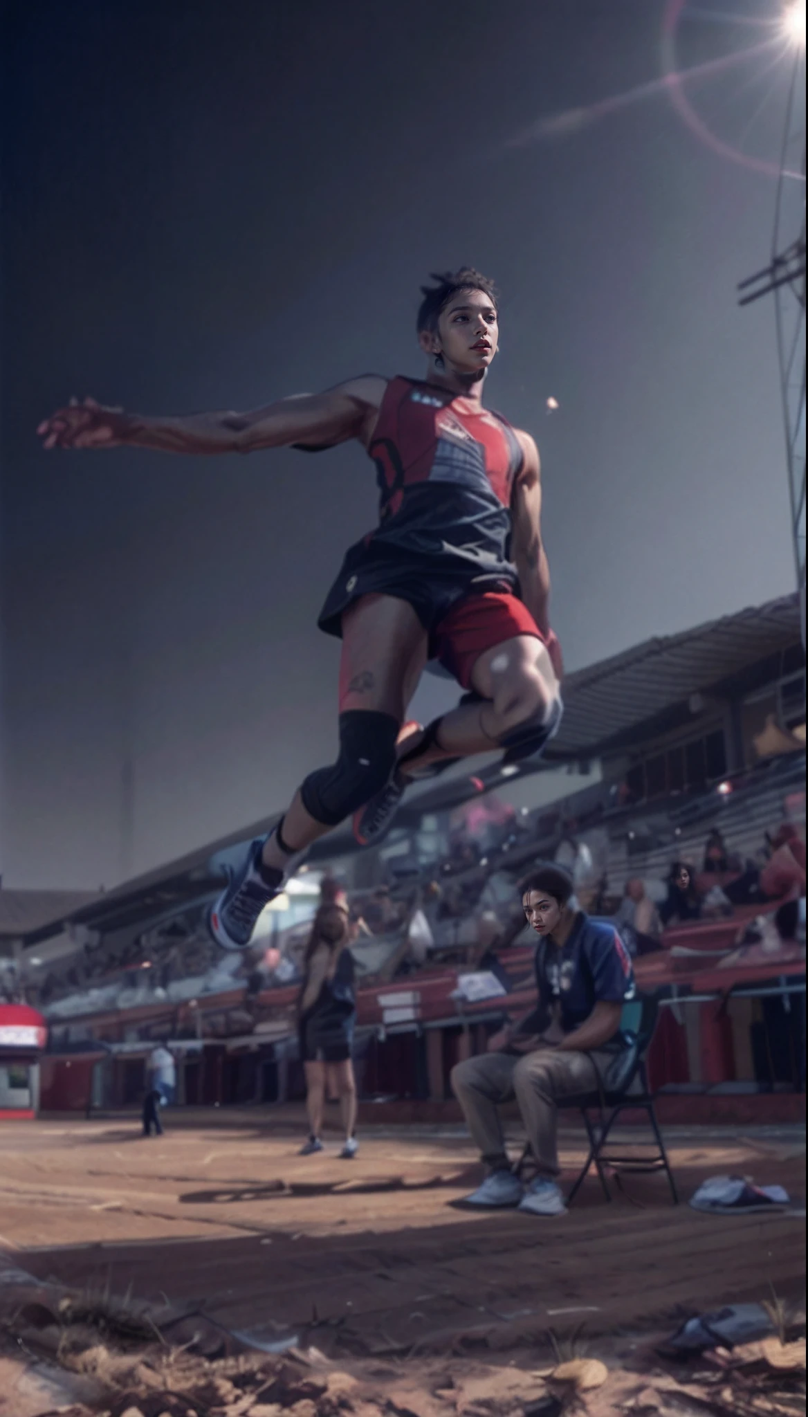 Girl jumping in the air in black and red clothes, photo from a spectator, athlete photography, Taylor Myers Lockett, cover shot, instagram photo, ultra - high jump, author：David Garner, photo in style of tyler mitchell, aaron sims, smooth in _ Background with, zach hill, j. h. williams iii, award winning shot