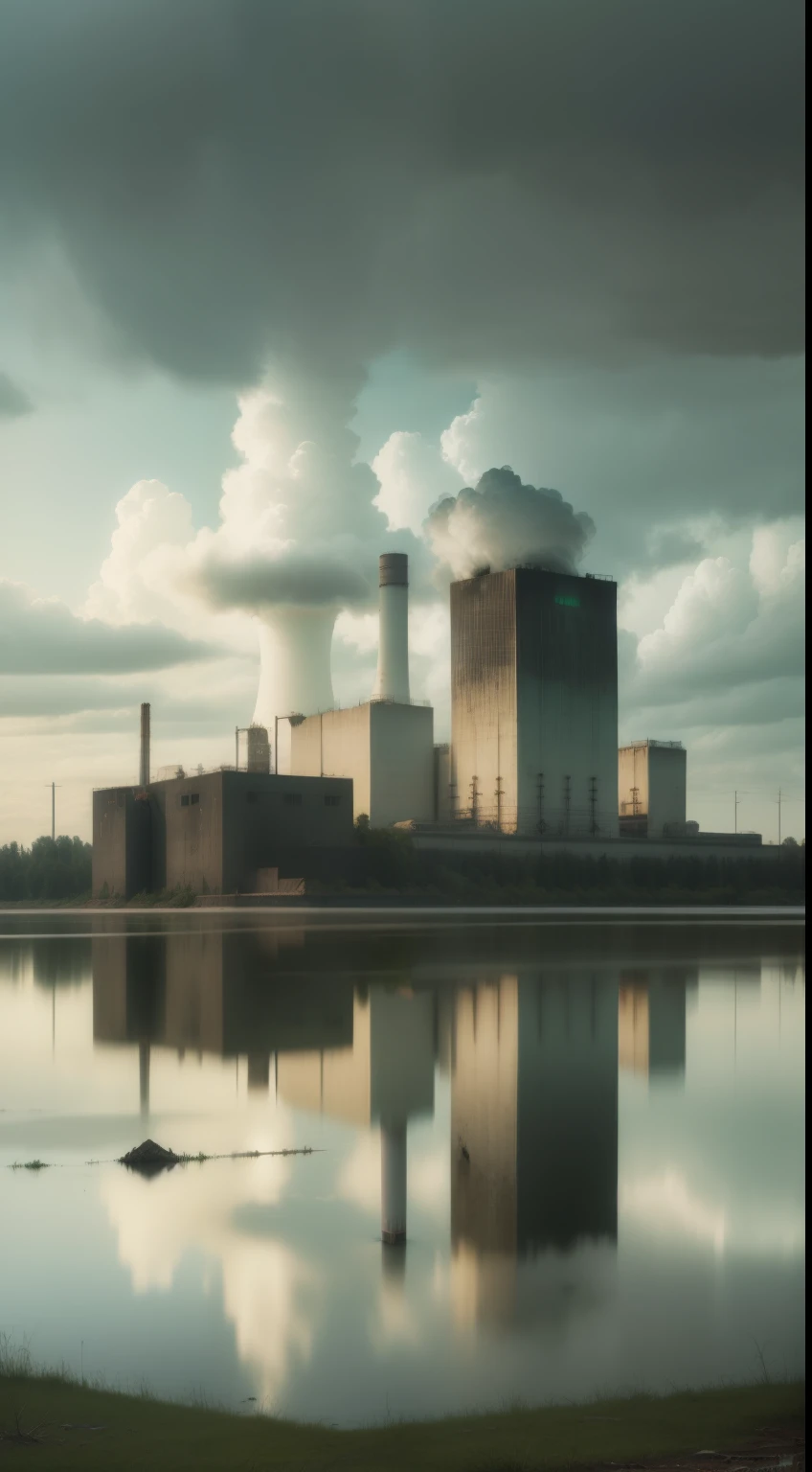 Abandoned nuclear power plant, contaminated green lake, ((high quality, gloomy climate))