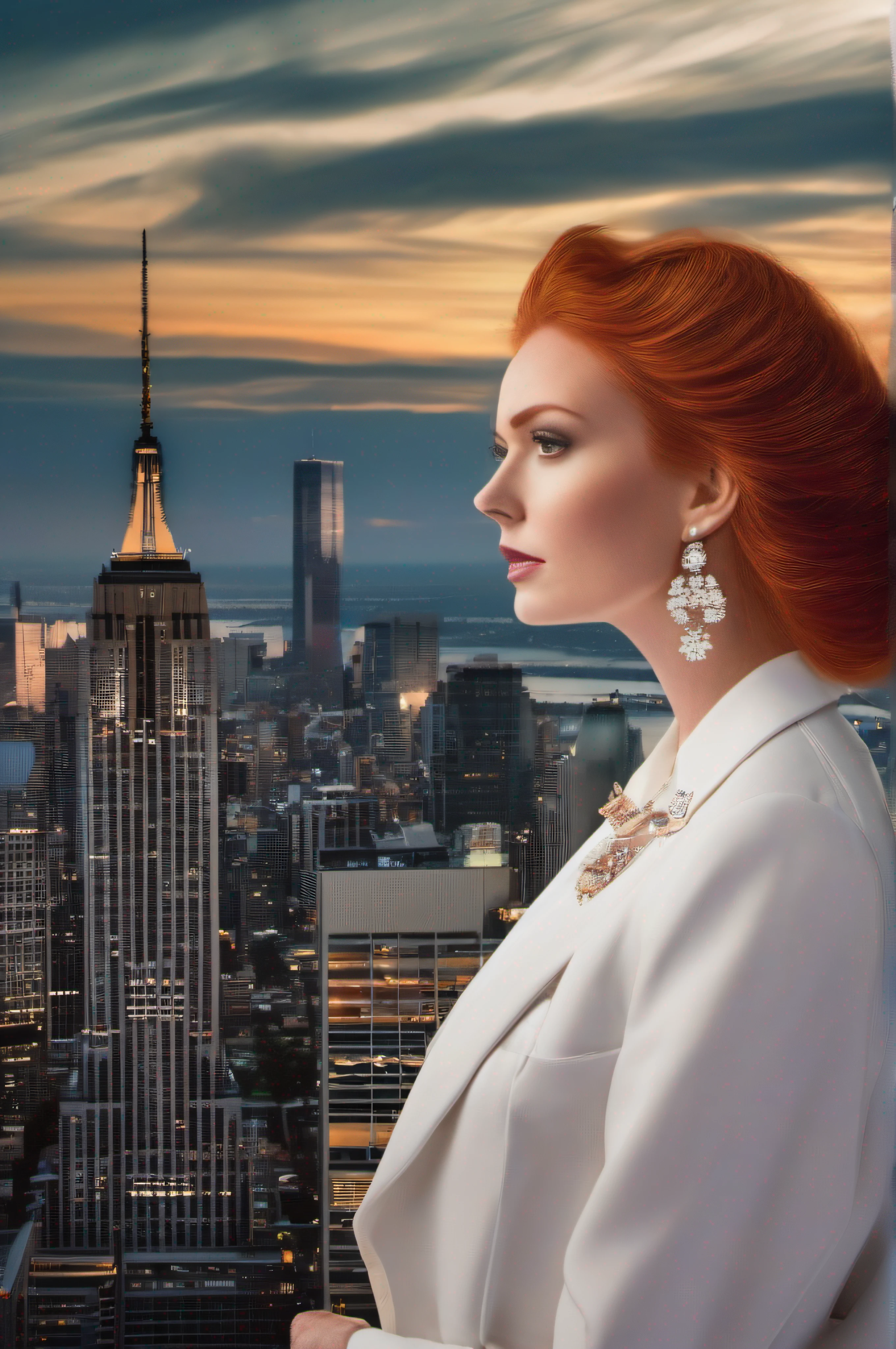 A beautiful red-haired woman with flapping hair and gigantic breasts wearing only a short wide-open overcoat and some jewels looks down from New York in the future USA's tallest building.