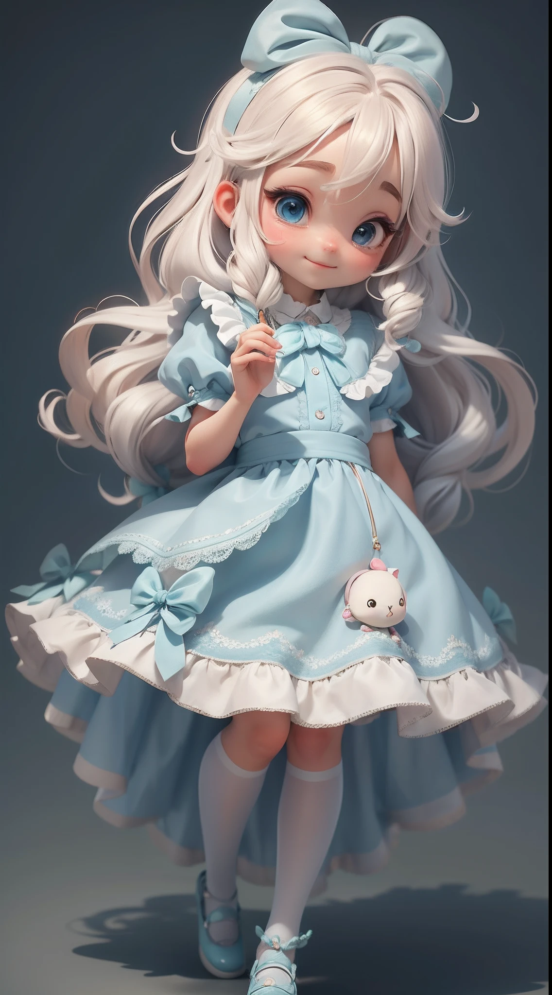 Create a cute chibi  version of the Alice character in an 8K resolution.

Boneca Chibi Alice: She should look adorable and cute, Keeping the iconic elements of the original character. A Alice lolibi deve ter um rosto redondo com olhos grandes e brilhantes, long eyelashes and rosy cheeks. Seus cabelos devem ser curtos e em tons vibrantes de loiro ou castanho claro.

Vestido encantador: Vista a Alice loli chiom um vestido fofo e elegante em tons de azul, vermelho e branco. O vestido pode ter babados, lace and details that refer to the theme of Wonderland. Add loops or ribbons to add a touch of delicacy.

Avental e Arco: Acrescente um avental branco sobre o vestido da Alice chibi, tied at the waist with a delicate bow. O avental pode ter pequenos detalhes como bolsos ou bordados sutis.

Meias e Sapatos Fofos: Complete o visual da Alice chibi com meias listradas em azul e branco ou com detalhes divertidos. On the feet, coloque sapatos fofos de boneca, com amarras ou fivelas.

magical accessories: Add lovely accessories to Alice chibi, like a bow in the hair or a tiara with Wonderland-themed details. You can also include a pocket watch or a cup of tea in your hands.

Certifique-se de adicionar sombras, texturas e detalhes nos cabelos, Alice chibi's clothes and accessories to make her even more adorable and charming. Give him a curious expression and a sweet smile on his face, capturing the essence of the character in a delicate and charming way.