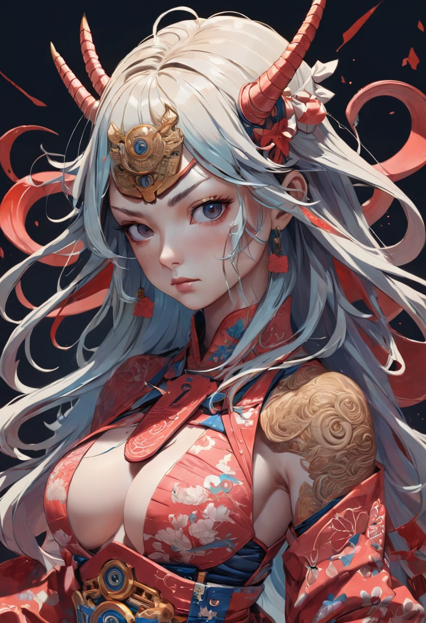 Beautiful samurai, Wire cybernetics implants, Adrian Gainey Esso Andrews' style Jenny Savile, The surrealist dark art of James Jean Gaoto Yamamoto and Bri Sienkiewicz, trending on artstationh, Sharp focus, studio photo, Intricate details, Highly detailed, by Greg Rutkowski, intricate face details, TM Ninja, TM Samurai, Poster style, pictogram, Vibrant, colorful, vectorstyle, Digital art, 4K, Intricate details, big breasts enchanting, Professional manufacturing, Beautiful vector illustration, 12k resolution, 。.3D, All characters in detailed full body, Highly detailed, vibrant, Ultra high quality, hyper photorealism, Photorealism, rendering by octane]