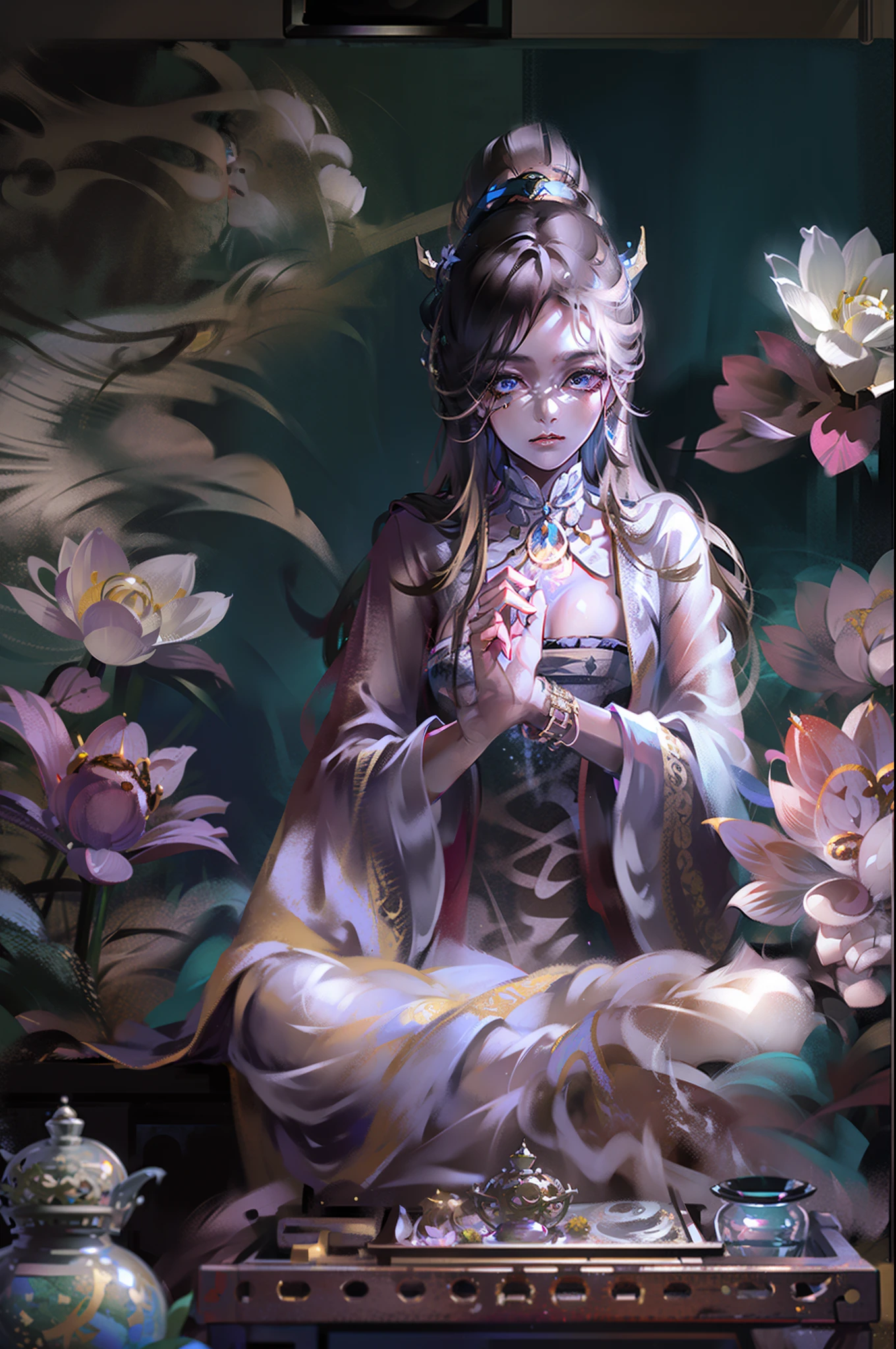 (Chinese immortals), (Buddhism), Multip_Hands,(mythological stories), (bodhisattva), She sits on a lotus, (Three hands on the left,Three hands on the right, Each hand holds a different Buddhist vessel, left right symmetry),(Delicate and beautiful face), (White silk robe)sitting on a lotus flower, Frontal photo,Light smile, neo-classical, OP Art, Chiaroscuro, Cinematic lighting, god light, Ray tracing, character sheets, projected inset, first person perspective, hyper HD, Masterpiece, ccurate, Textured skin, Super detail, High details, High quality, Award-Awarded, Best quality, A high resolution, Exquisite and perfect facial features,美丽细致的眼睛,long eyelasher,Delicate eyeliner,almond eyes,Blue eyes,Dark pupils,There are highlights in the eyes,Beautiful lip details,8K high-definition,??????? correct,Oil painting thick painting style