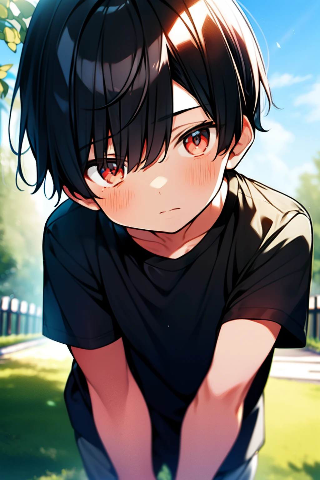 younge boy,1male people,Shota,Short black hair,red color eyes,Depicts delicate eyes,Exquisite facial features,short- sleeved,extreme hight detail,Delicate depiction,parks,rays of sunshine,Sunnyday,Depth of field effect,The upper part of the body。