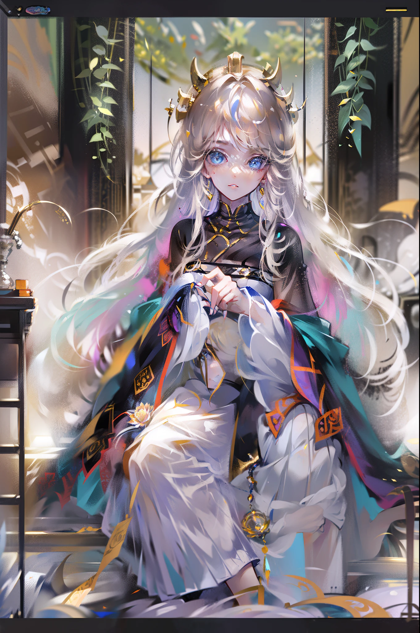 (Chinese immortals), (Buddhism), Multip_Hands,(mythological stories), (bodhisattva), She sits on a lotus, (Three hands on the left,Three hands on the right, Each hand holds a different Buddhist vessel, left right symmetry),(Delicate and beautiful face), (White silk robe)sitting on a lotus flower, Frontal photo,Light smile, neo-classical, OP Art, Chiaroscuro, Cinematic lighting, god light, Ray tracing, character sheets, projected inset, first person perspective, hyper HD, Masterpiece, ccurate, Textured skin, Super detail, High details, High quality, Award-Awarded, Best quality, A high resolution, Exquisite and perfect facial features,美丽细致的眼睛,long eyelasher,Delicate eyeliner,almond eyes,Blue eyes,Dark pupils,There are highlights in the eyes,Beautiful lip details,8K high-definition,anatomy correct,Oil painting thick painting style