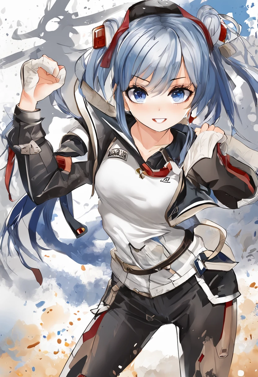 1girl, dynamic pose, dynamic view,, videl2,blue eyes, black hair, twintails, black gloves, bike_shorts, bangs, white shirt, badge, (((photorealistic, hyper-realistic, RAW photo:1.2))),masterpiece, best quality, intricate details, 8k uhd, perfect face, perfect eyes,