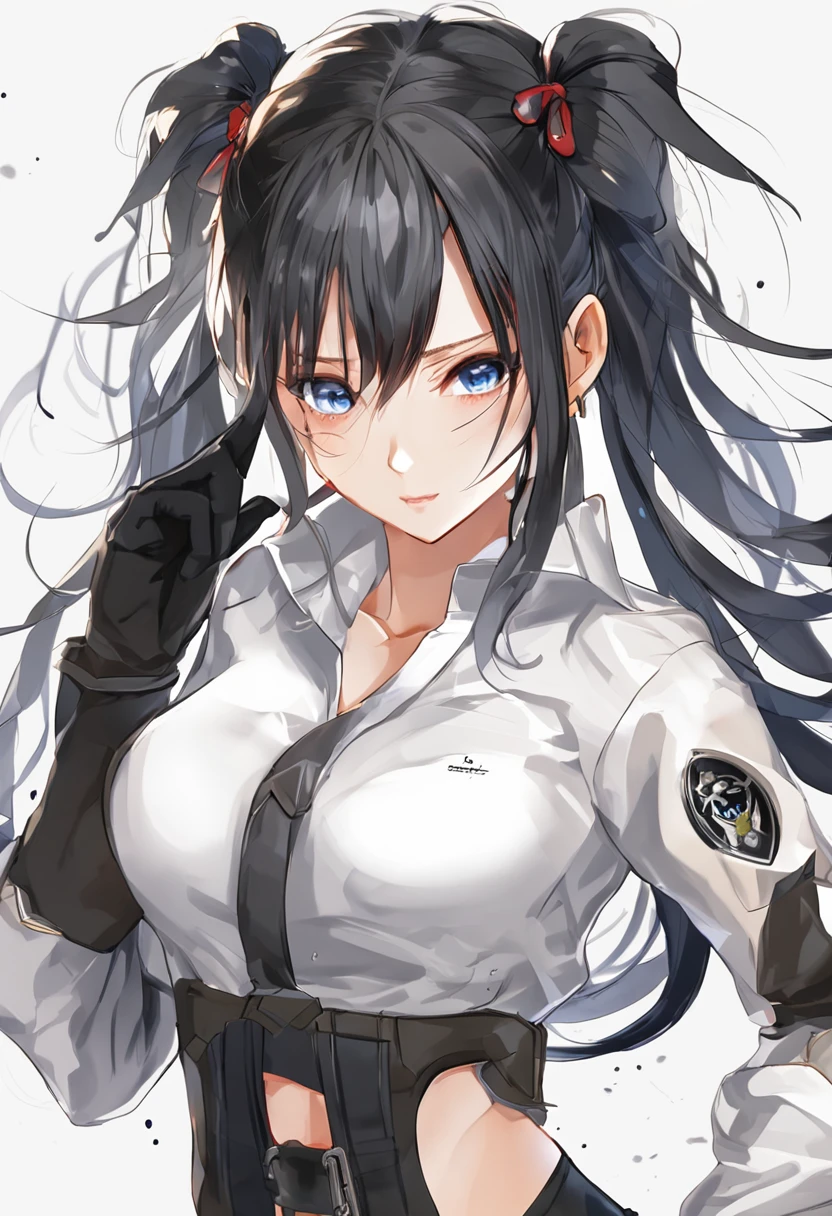 Anime girl,black ponytailed hair,wearing a black sleeveless turtle neck top,with white jeans