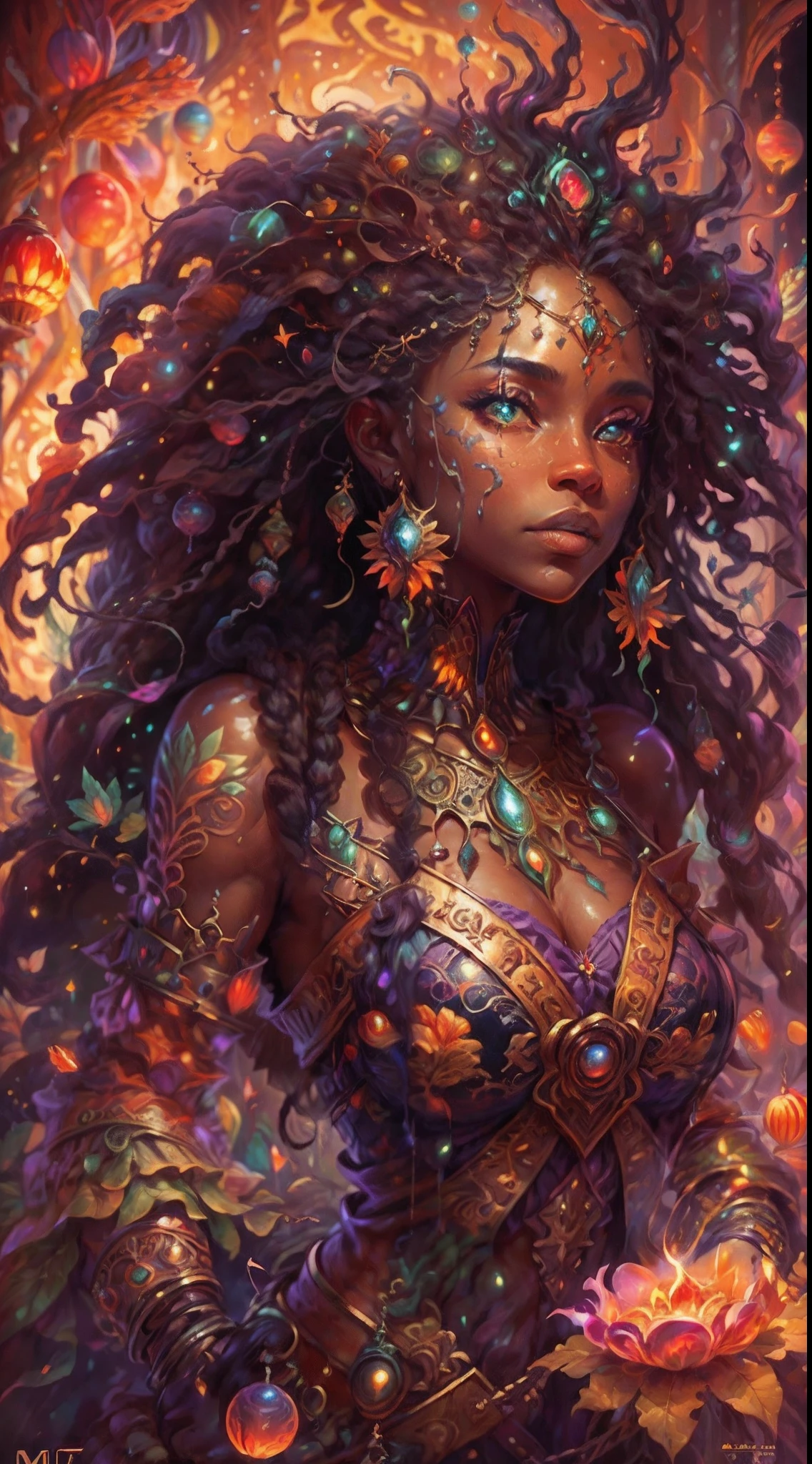 This is a thrilling fantasy image with ultra-realistic realism, vaguely abstract detailing, psychedelic patterns, and draws heavy inspiration from Rasta style and Jamaica. Generate a beautiful and petite Jamaican woman with stunning eyes and highly detailed dreads in various shades of brown, dark red, and dark orange.(Dread Locs Hair style:1.3),(tmasterpiece,best qualtiy:1.2),illustration,8k wallpaper,Dazzle,(Portals:1.1),(Otherworldly creatures:1.2),(magic energy:0.5),(floating debris:1),(glowing third eye:0.5), butterflies, florals and floral detailing, (strong lights:1.05), (illumination:0.8), (fantasy:0.8), (hyper realisitc:1.1), (mistic:1), (intriguing:1), (Ethereal:1.08), (mistic:1.1), (cosmic:1.05), (interdimensional:1.1), (unearthly:1.05), (spellbinding:1.1), (Unforgettable:1.05), (Fantasy art: 0.5),(number art:0.5),(magic realism:1.08),(Epic:1.1),(concept-art:1.05),(highly detailed:1.1),(cinematic ligh:1.05),(ultra-realistic realism:1.05),(mistic:1.05),(astounding:1.1),(andrey surnov:1.05),(mind bending:0.8),(Unbelievable:1.05),(otherworldly landscapes:1.1),(breath-taking:1.05 ), (incredulous:1.05), (portal opening:1.05)
