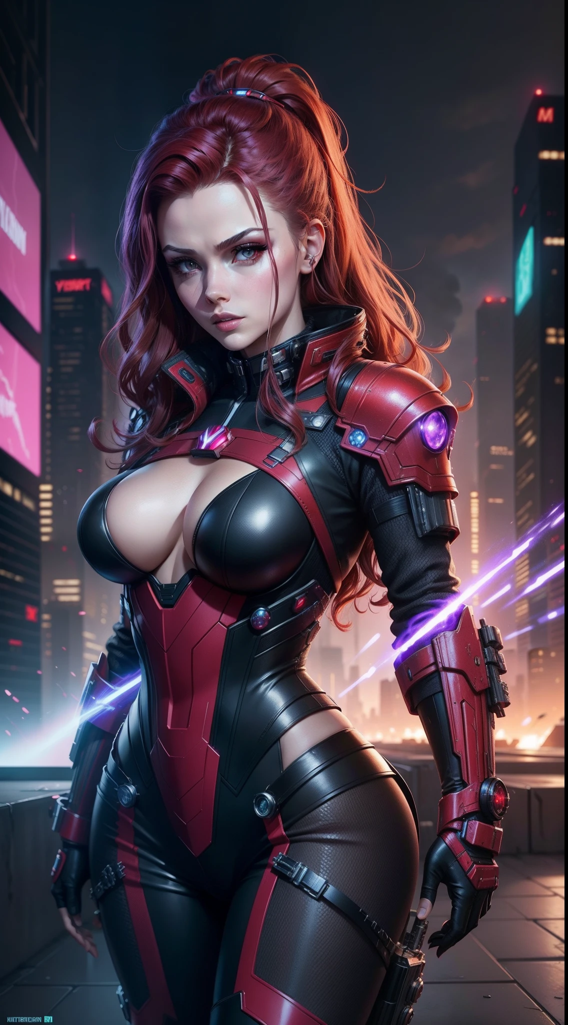 Scarlett Witch mechanic armor, cyberpunk style, 4k, 8k, futuristic background city