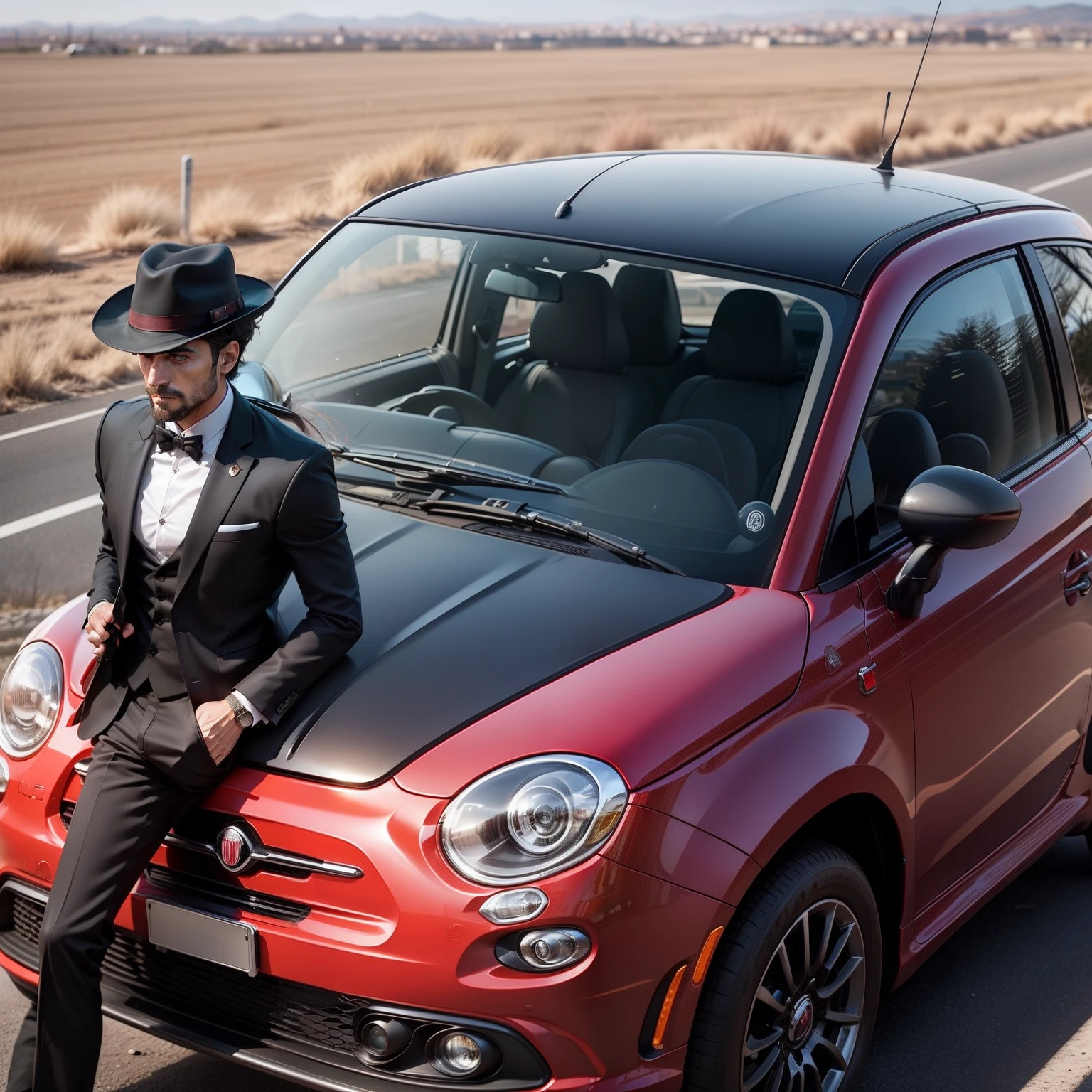 (1man, a red jacket、1man, Black suit and deep hat)Two thieves、Fiat 500、Driving with a large wad of money that protrudes from the rear of the car、Epic Landscapes、San Lino suburbs, Italy