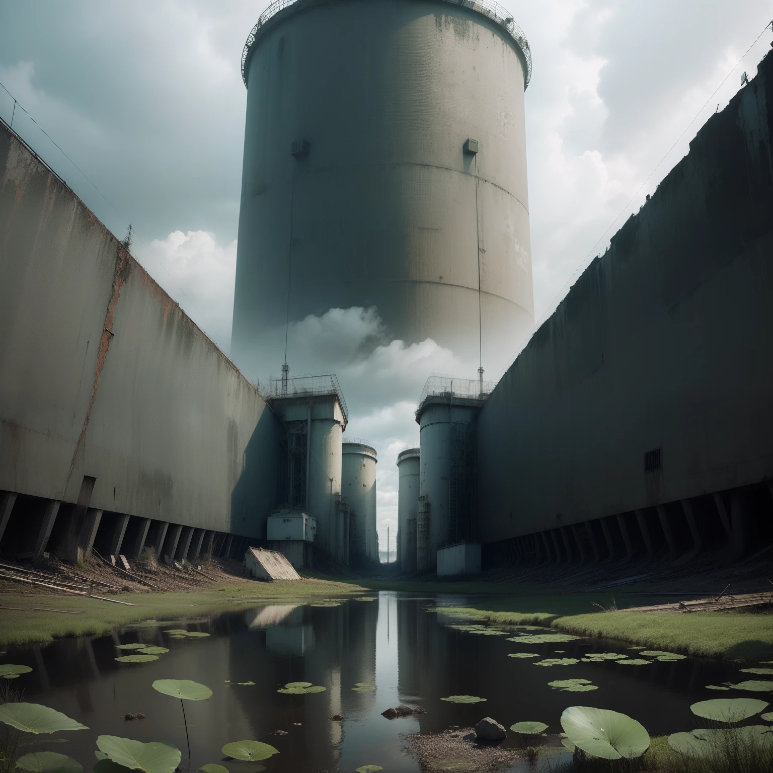 Abandoned nuclear power plant, contaminated green lake, ((high quality, gloomy climate))