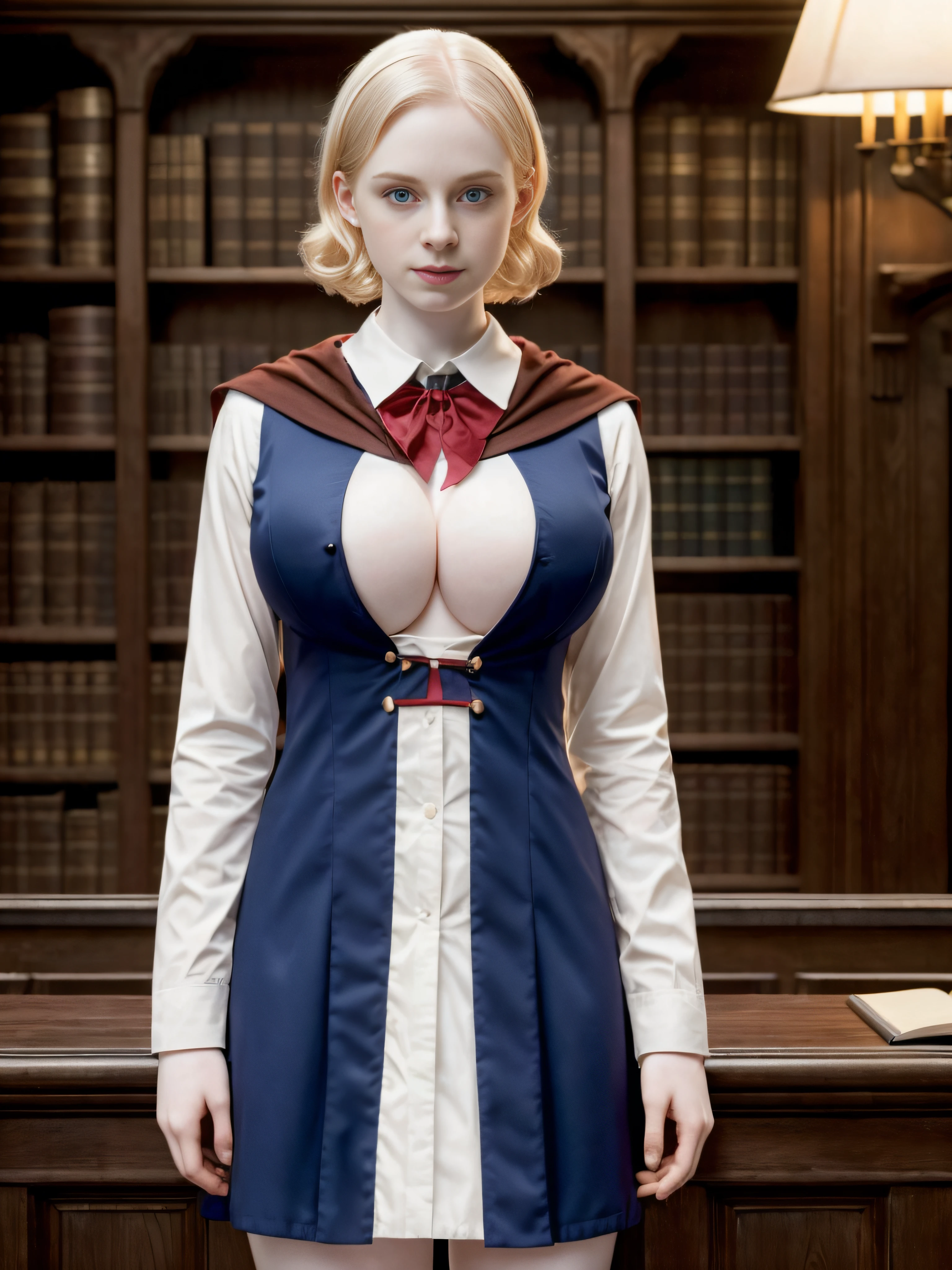((high resolution)), ((pale skin)), ((very pale skin)), Sophia Lillis, ((huge breasts)), in a Hogwarts uniform