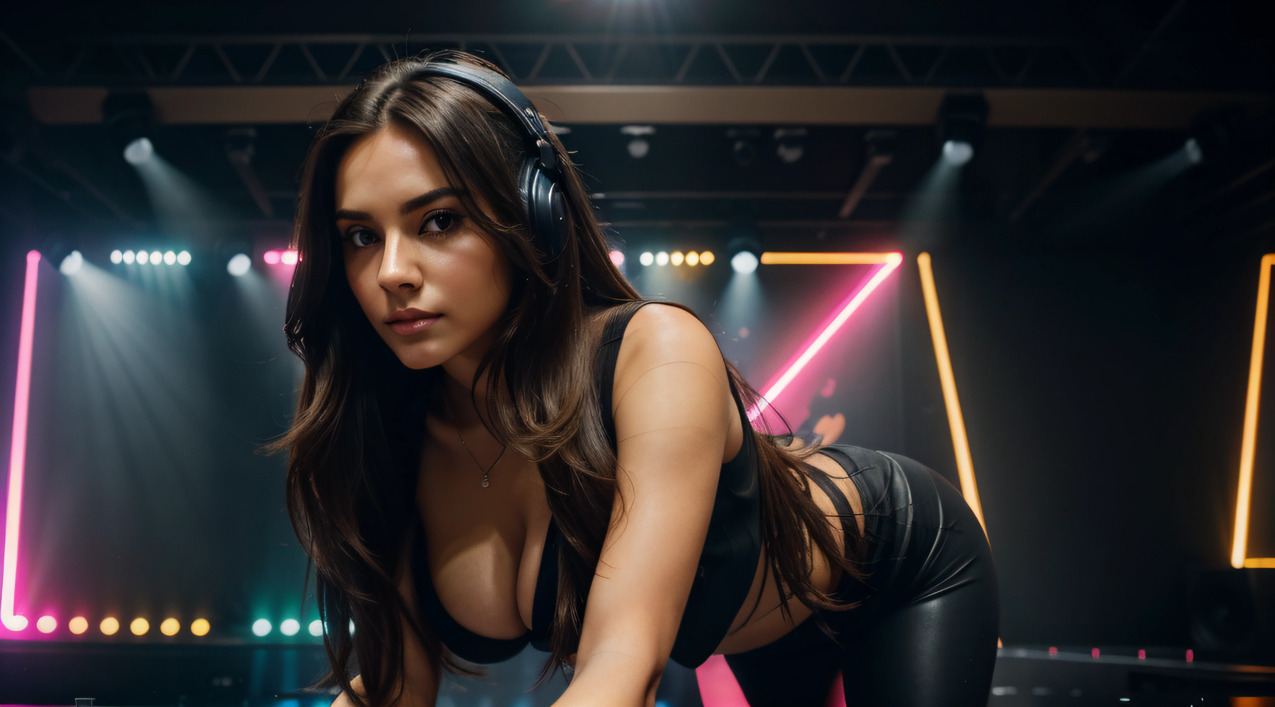 face, long_hair, gorgeous, city girl, cleavage, western, cute top and black leggings, hot girl, (masterpiece), best quality, high resolution, extremely detailed, depth of field, cinematic lighting, At event, DJ, preforming in event, big room led nightclub, right side, empty club, ALONE in club, Empty, Led lights, colorful