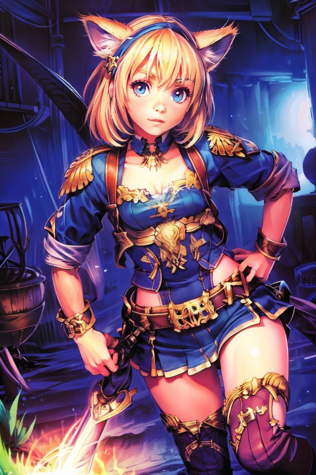ukrainian girl , Ukrainian anime girl ,ukranian , The whole body consists of a young girl with messy light blonde hair, eye makeup, 11yo, Cat ears, Soft lighting, Solo, Wearing a shabby, dirty, ragged futuristic military uniform, Cat's paw badge, Pose, Spot color, rendering by octane, Ultra-realistic intricate details, Cinematic, 8K resolution, 70mm, emphasis lighting, Global illumination, Full body portrait, clean detailed faces, complex clothing, Cute face, Flat chest, Slim waist, Slim legs, Small hips