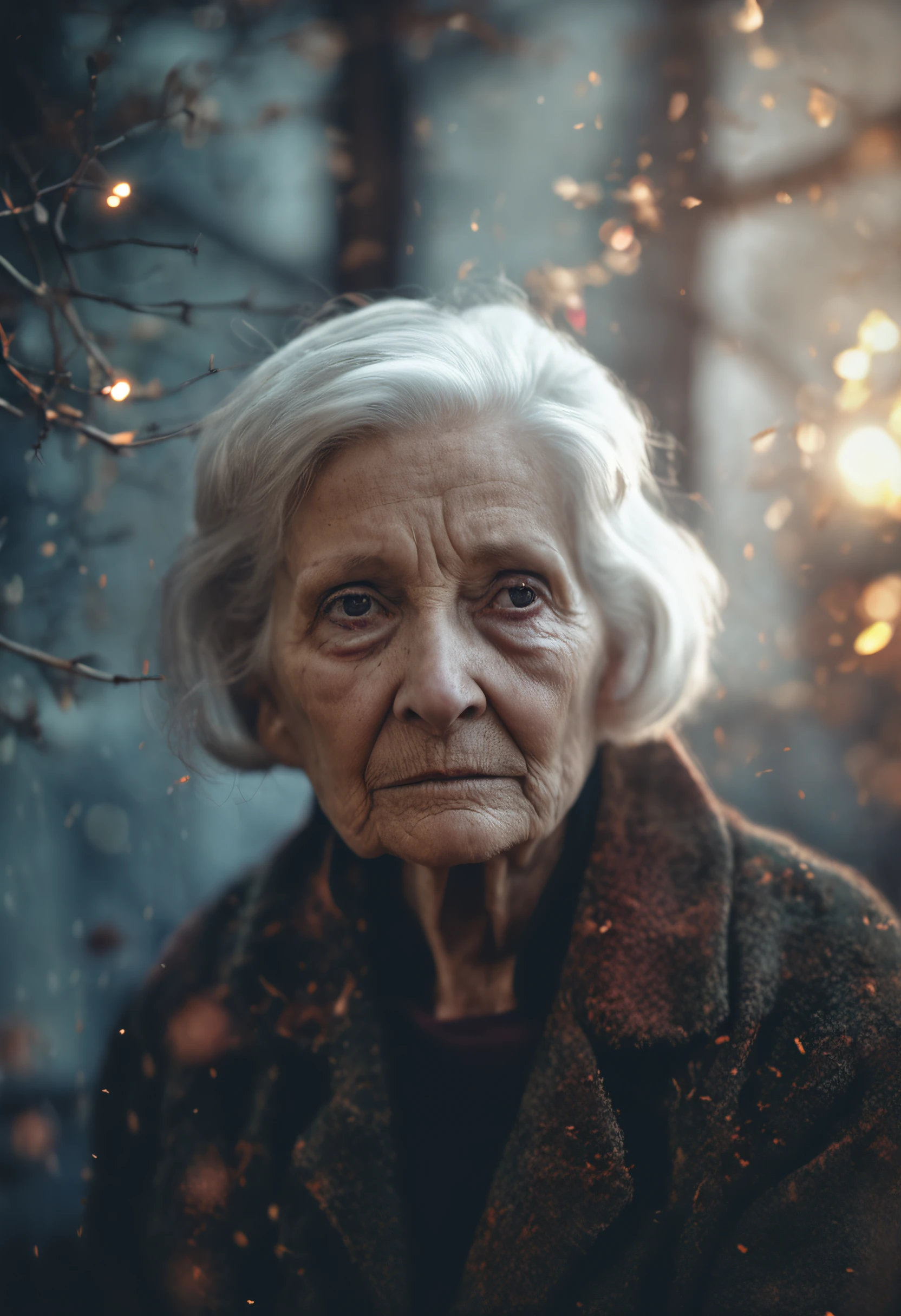 an image of an elderly woman, a very sad elderly woman, with short white hair, bokeh, photo, 8k, dark action, dynamic, washed pale style, cracked lens, nostalgic dreamer, soft focus, dark vignette, light leaks, medium photography, ethereal artistic gloomy photography, capricious, photo of coarse grain