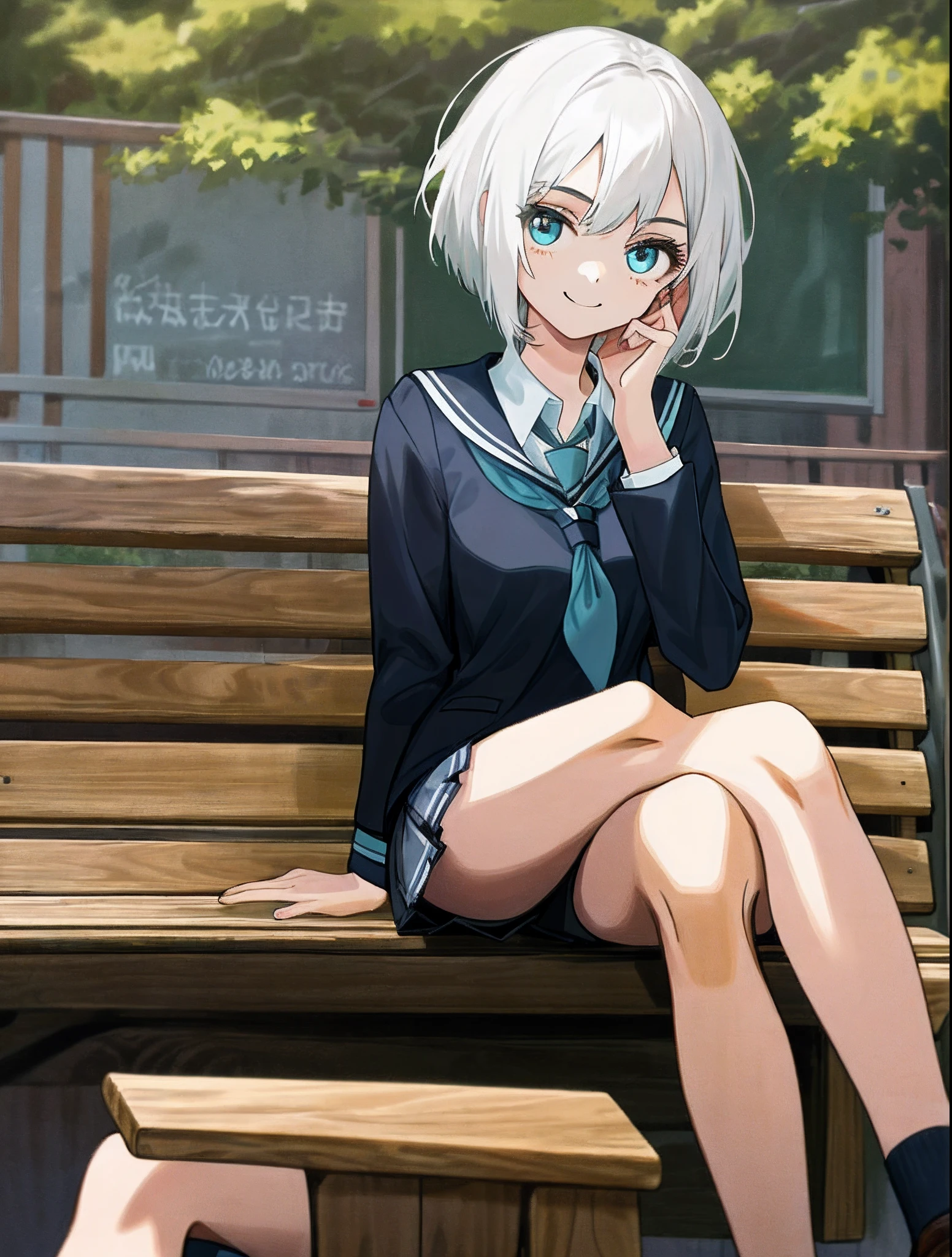 (Masterpiece), Expressive eyes, Perfect face, 1 girl, Seductive smile, school uniform, Miniskirt, ((Crossed legs)), with short white hair,Tied to a wooden bench