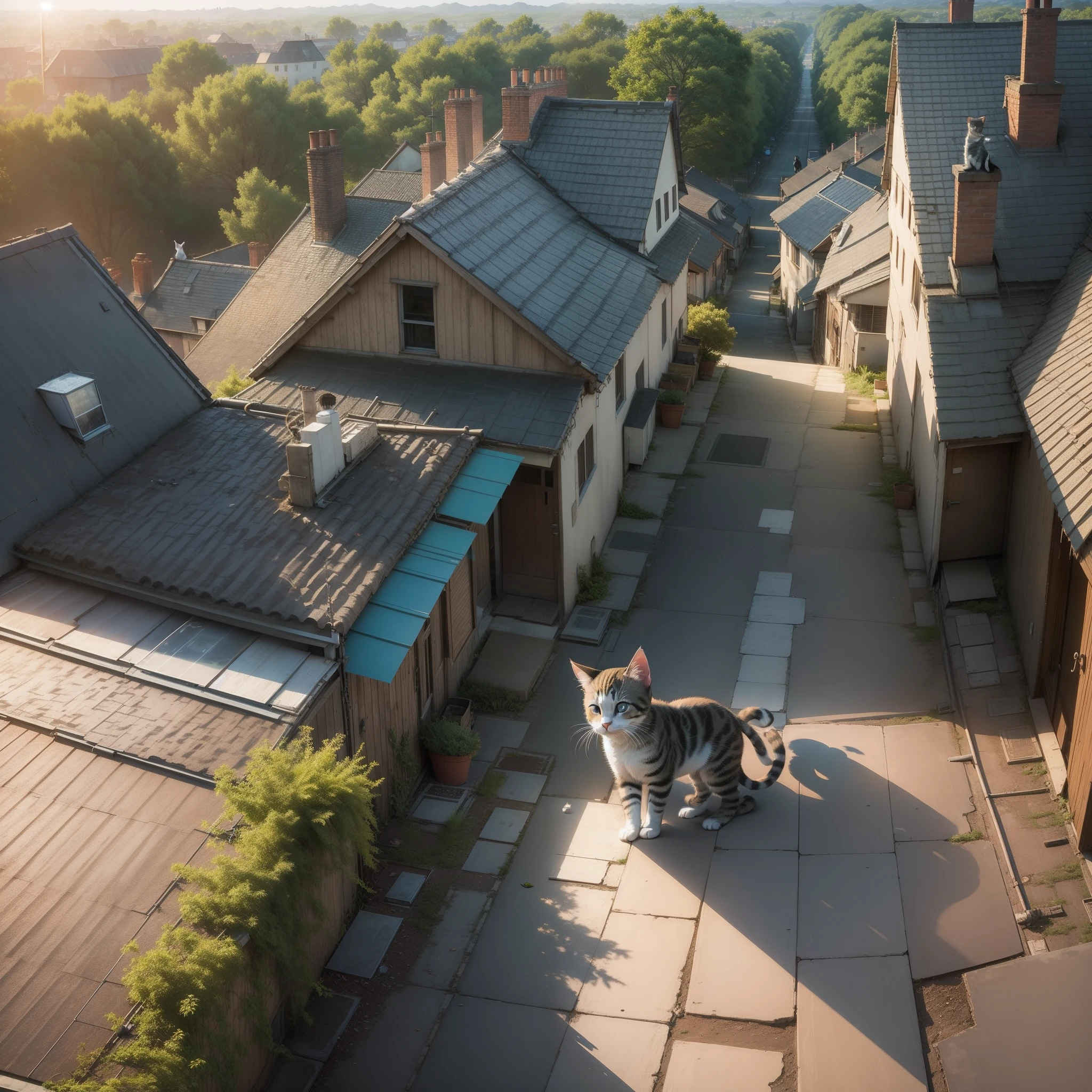 Banksy、Cute kitten、On the roof、the setting sun