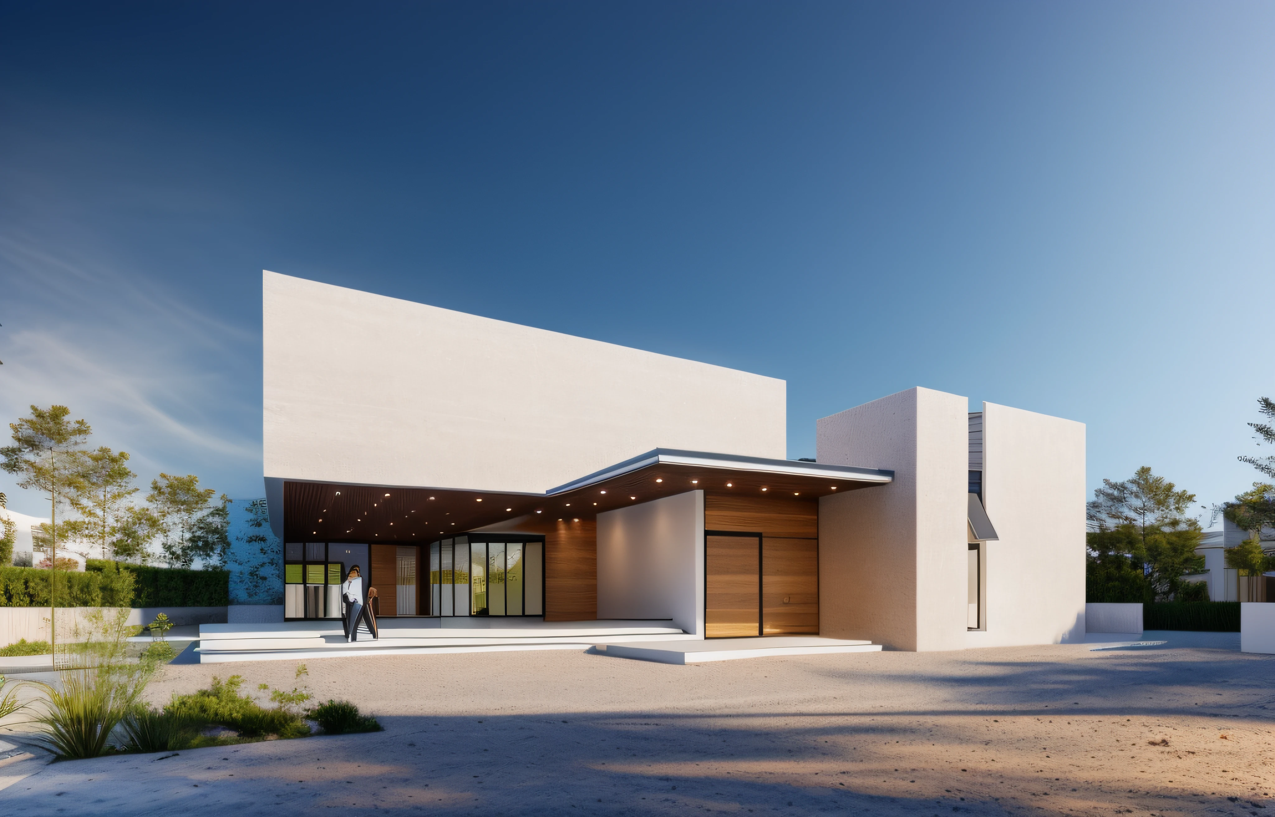 1 modern building with main materials are white walls and wood, with accents, minimalist design, masterpiece, high quality, details utral:1.3, sunset:1.3, ((dynamic lighting:1.3) )), perfect lighting, shimmering sky:1.2, large yard, modern feel, 1 black car:1.3, behance.net,warm light brighteness from indoor:1.4