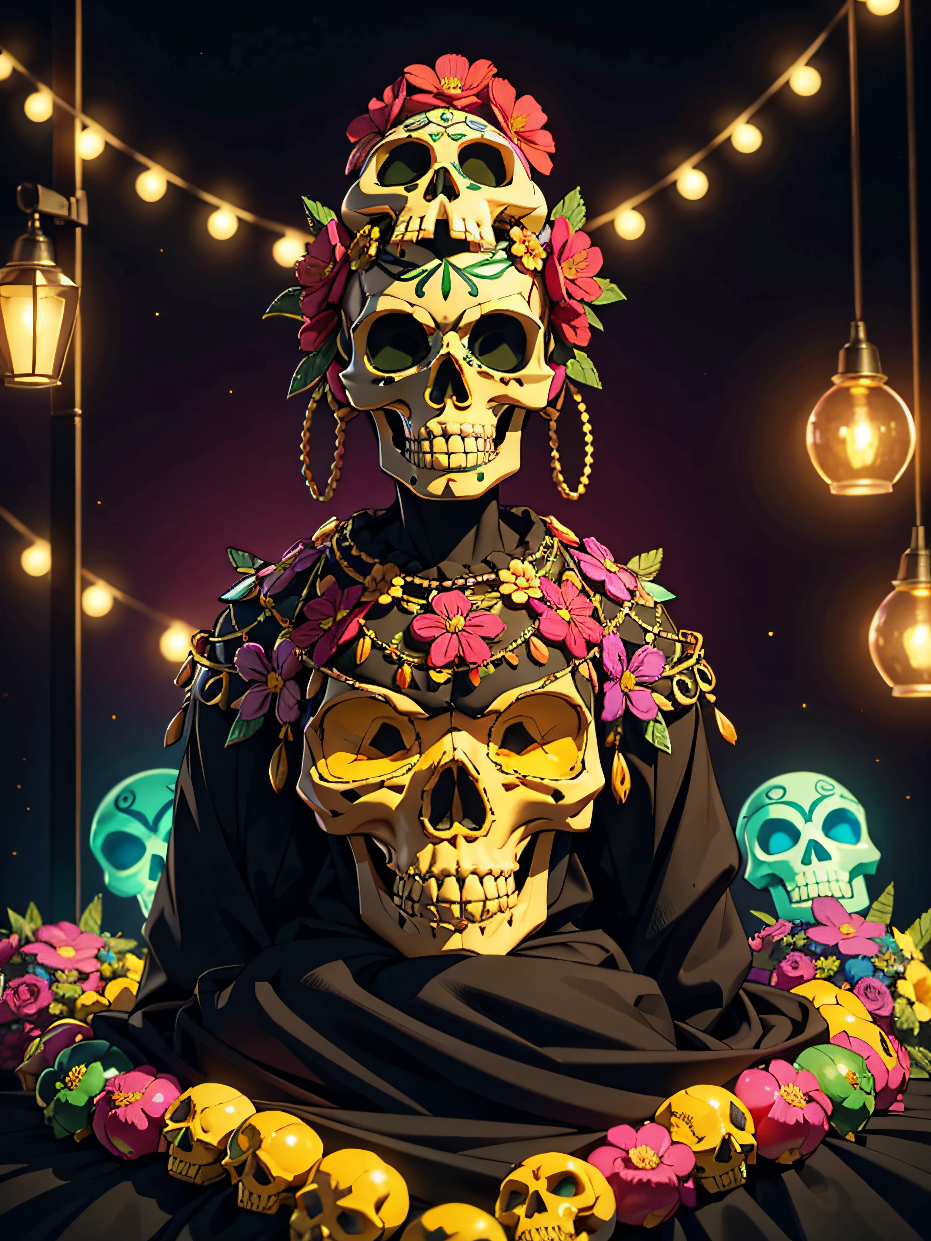 Mexican Skull Calavera, surrounded by poetic ornamental elements such as fruits, flowers, garlands of lights and native plants, colors Pink, Green, Gold and Black, 3D style, painting art, highly detailed, surrealist