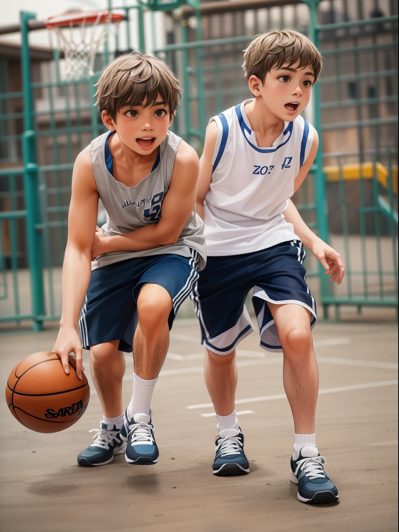 Two  boys，Play basketball on the playground，Tank top shorts，14 yea，Little fat，There is a little leg hair