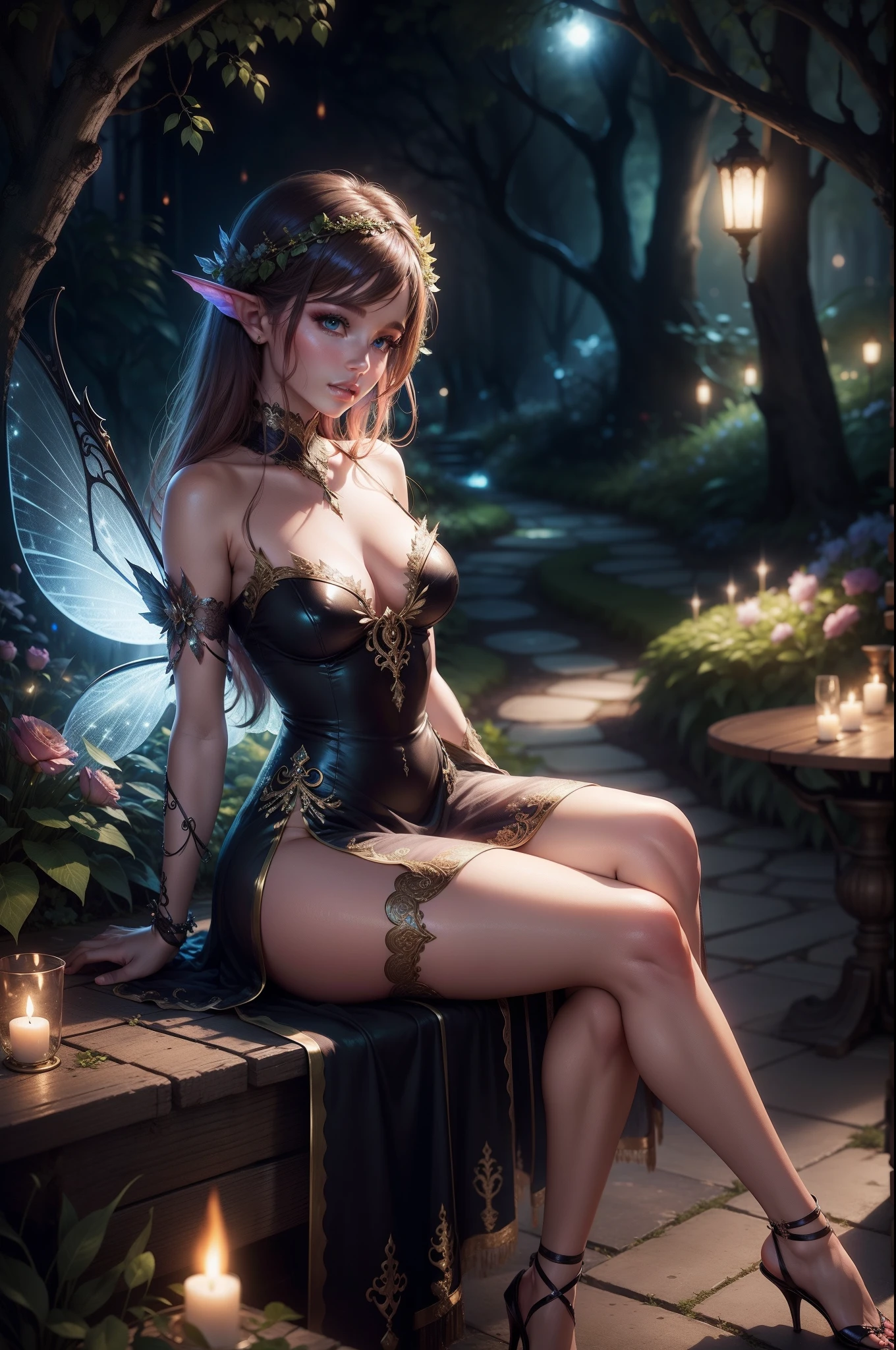 Beautiful seductive fairy woman sitting on a beautiful fantasy garden, night shot, bokeh, transparent dress, sexy, lip bite