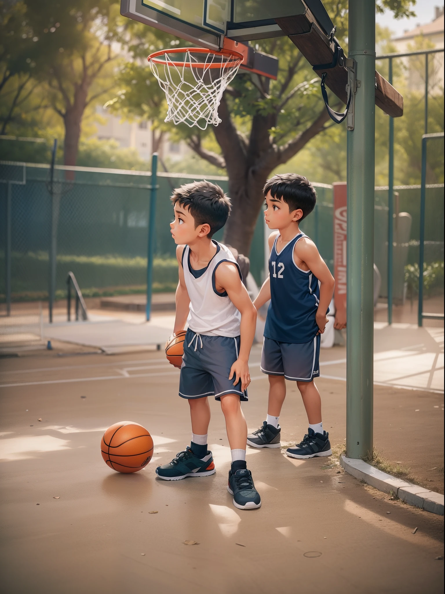 Two  boys，Play basketball on the playground，Tank top shorts，14 yea，Little fat，There is a little leg hair